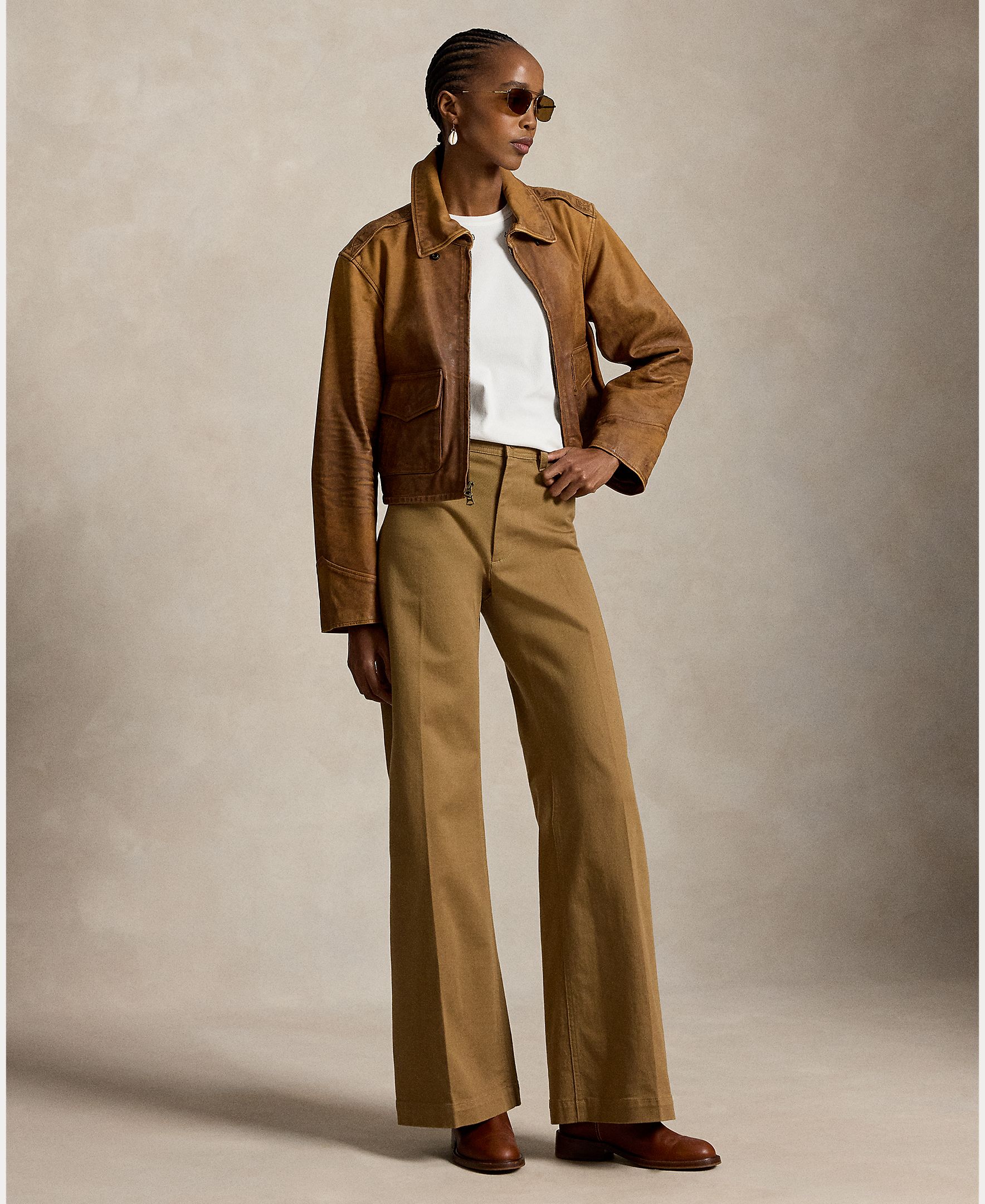 Pantalón campana de mujer de algodón elástico de tiro alto - Polo Ralph Lauren - Camel Camel-1