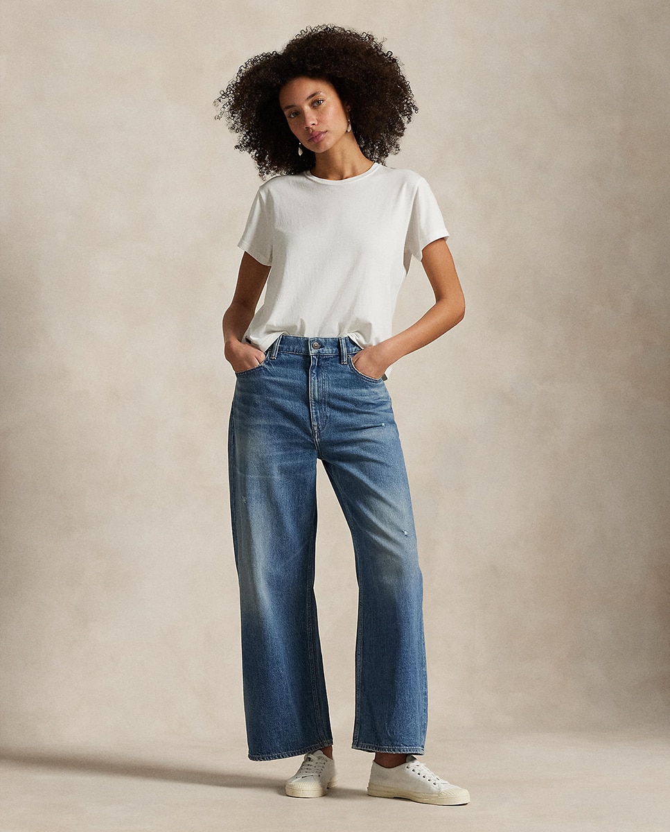 Jeans Straight com Perna Larga e Cintura Subida Azul-1