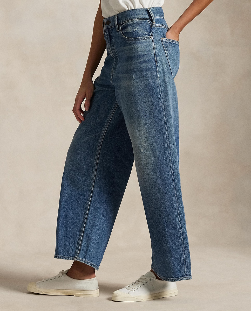 Jeans Straight com Perna Larga e Cintura Subida Azul-6