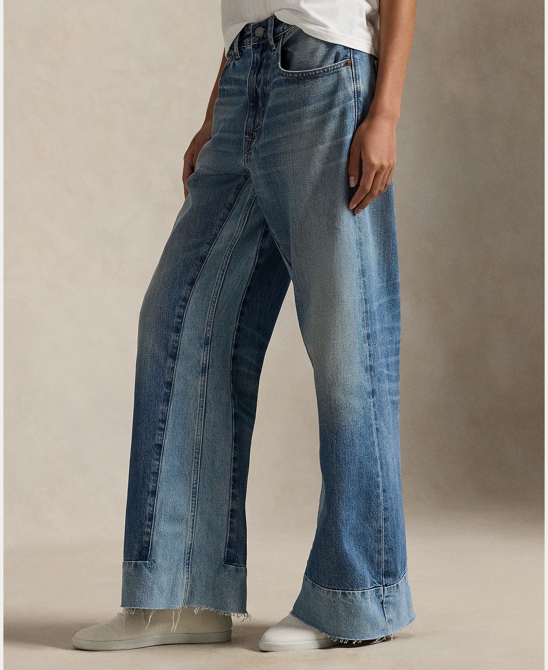 Jeans Largas de Algodão com Painéis Índigo-5