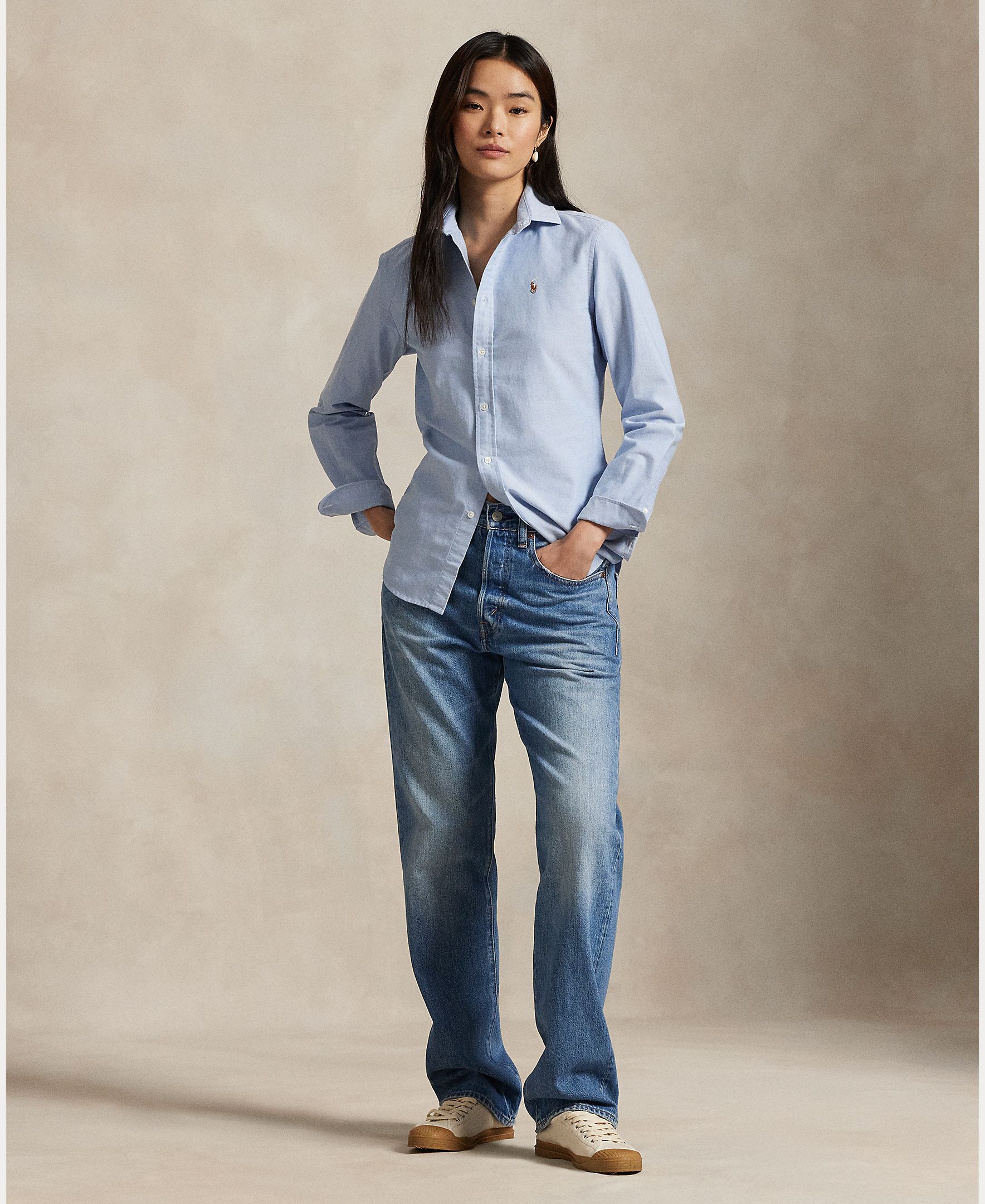 Camisa Oxford Básica com Logótipo em Contraste Azul-6