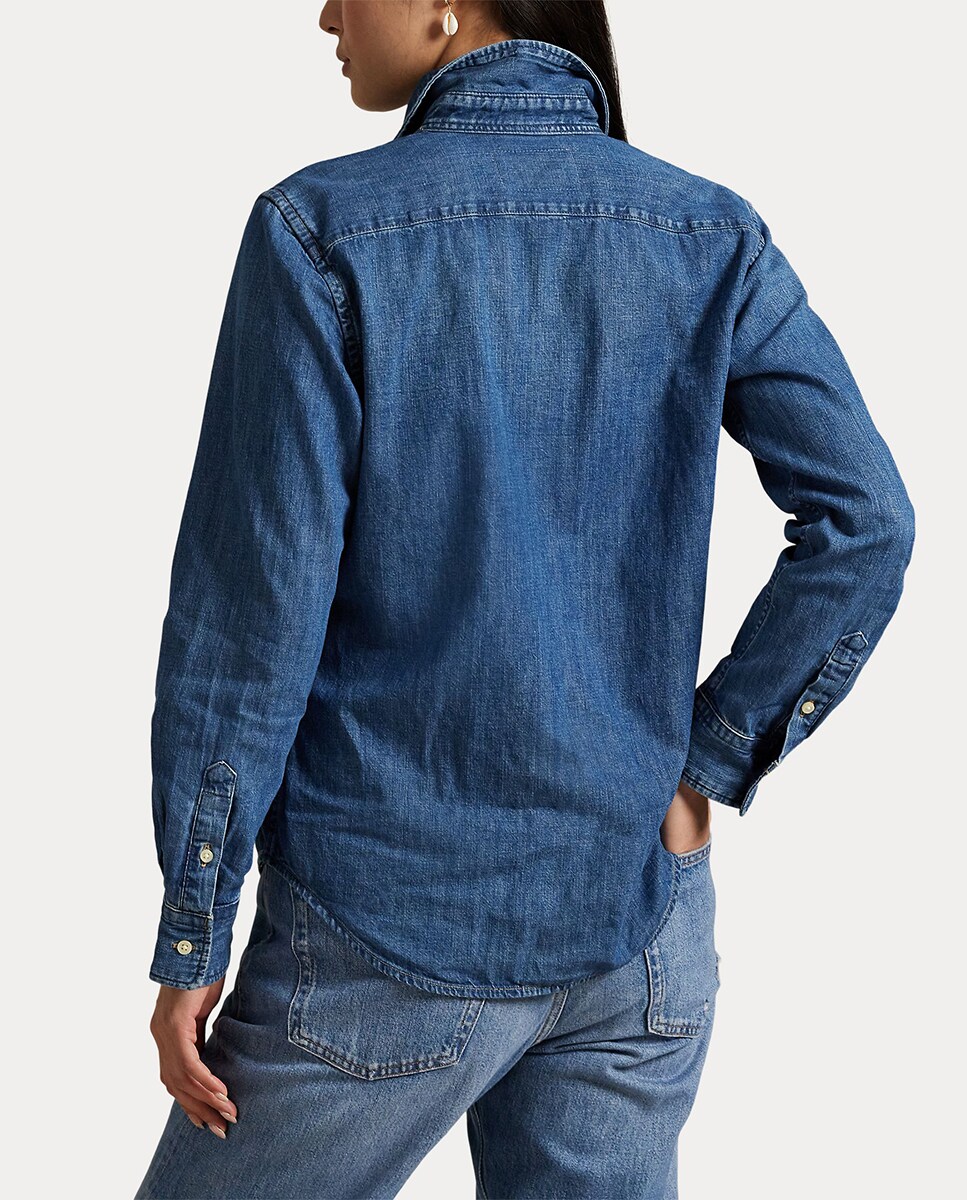 Camisa de algodão com manga comprida Azul-5
