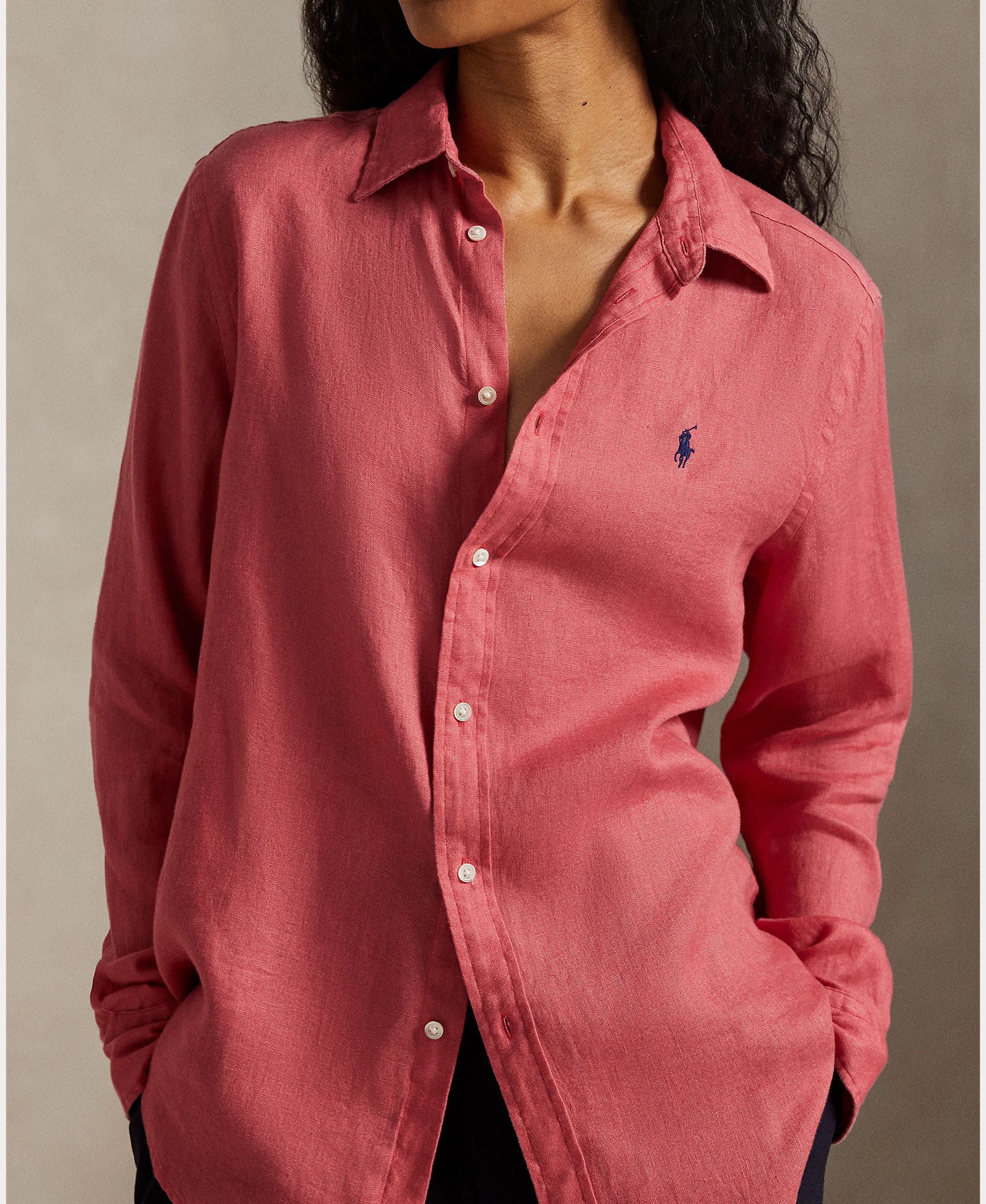Camisa de linho de mulher com manga comprida Coral-4