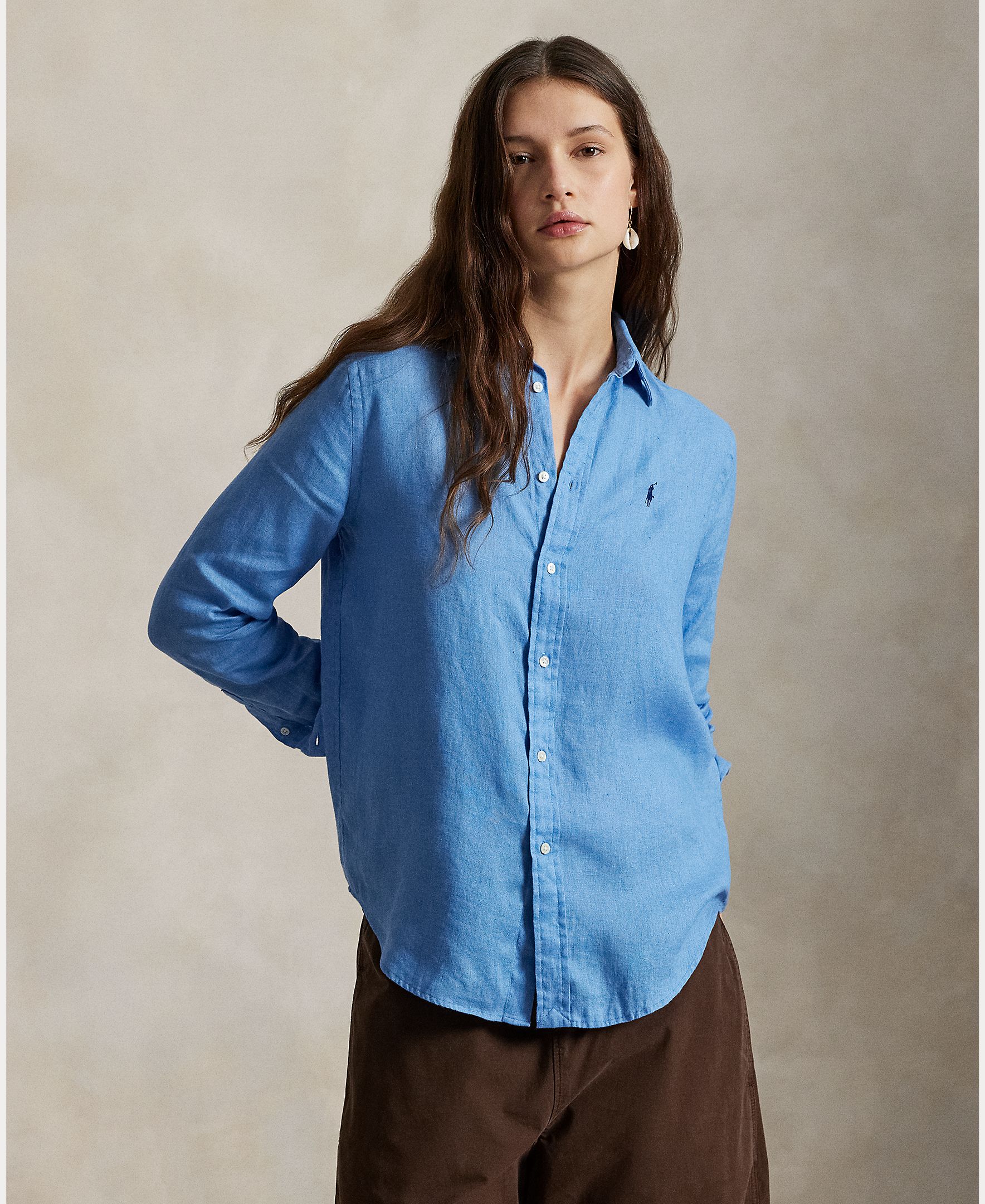 Camisa de linho de mulher com manga comprida Azul-1
