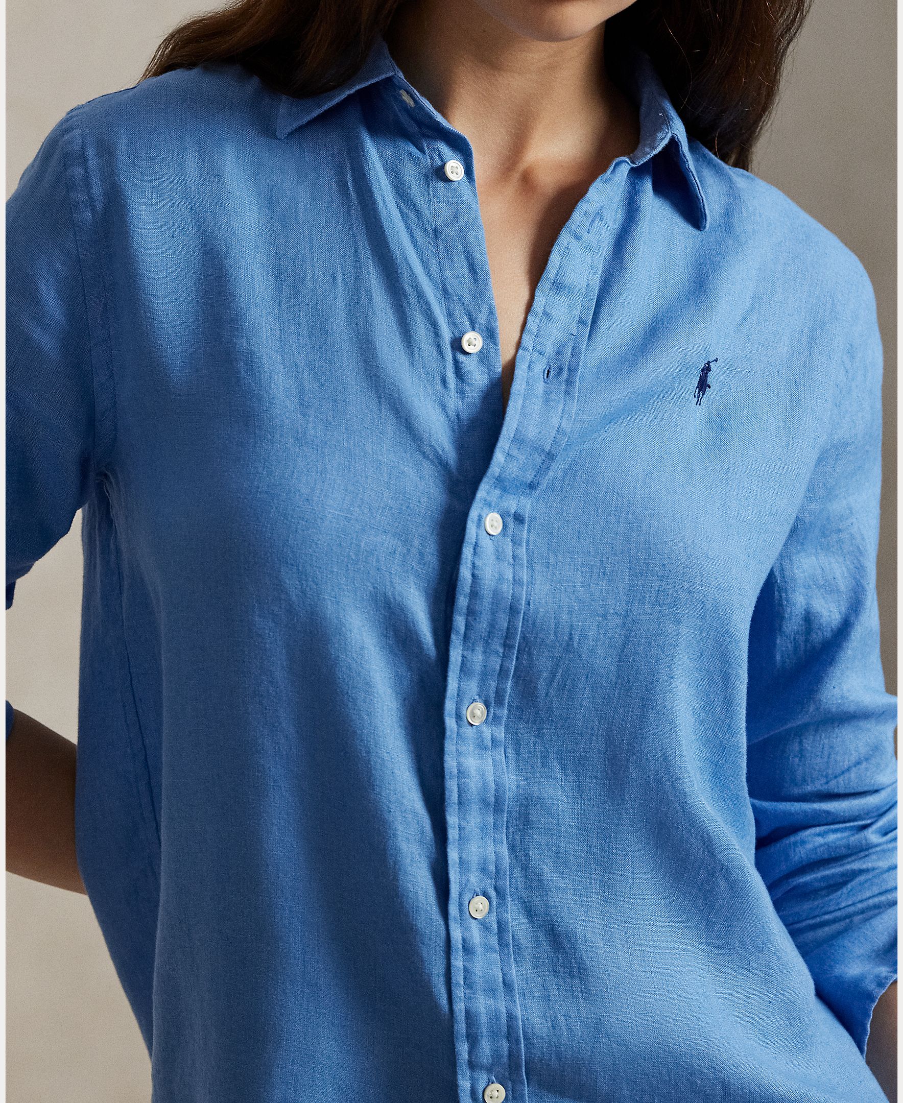 Camisa de linho de mulher com manga comprida Azul-4