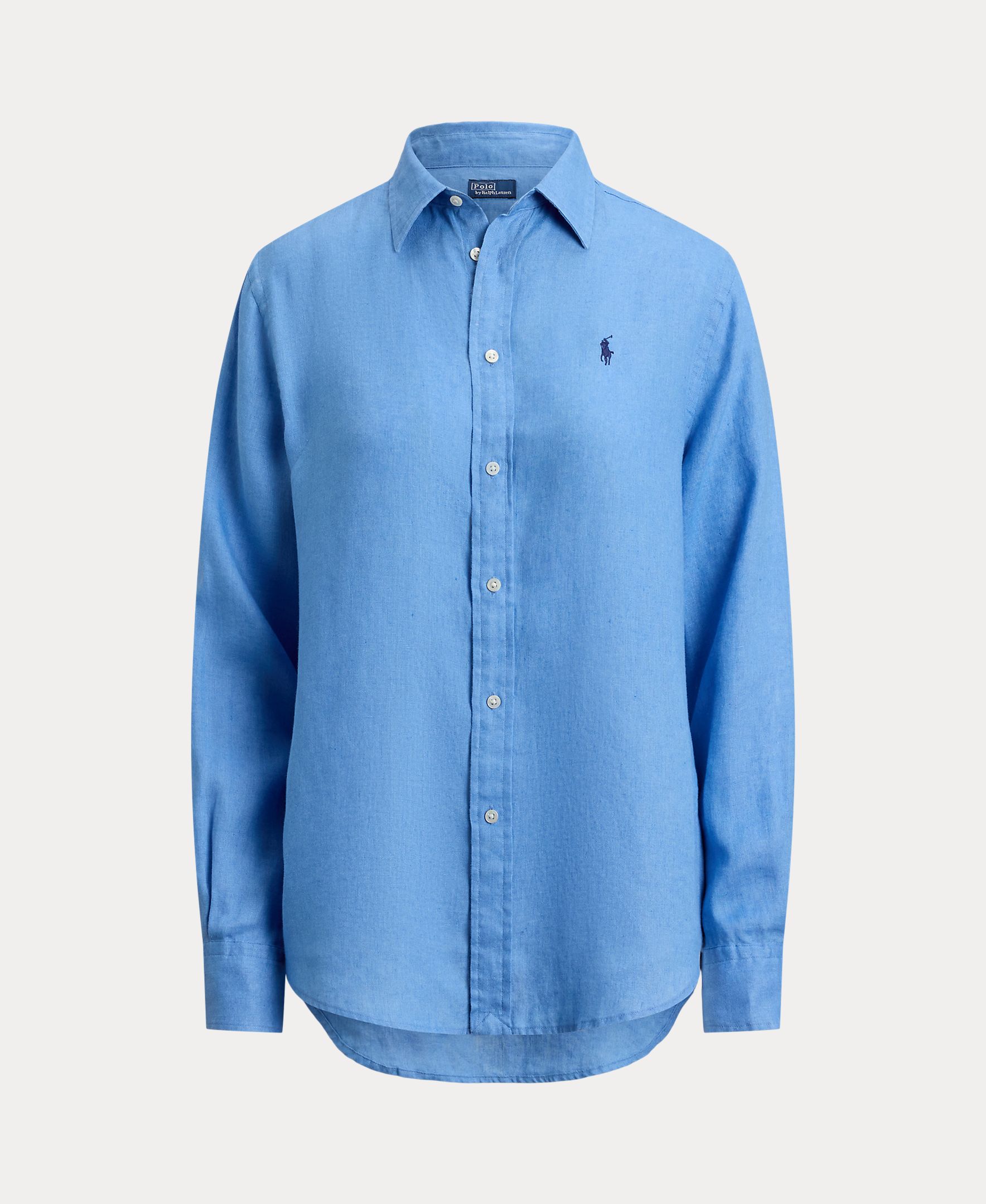 Camisa de linho de mulher com manga comprida Azul-5