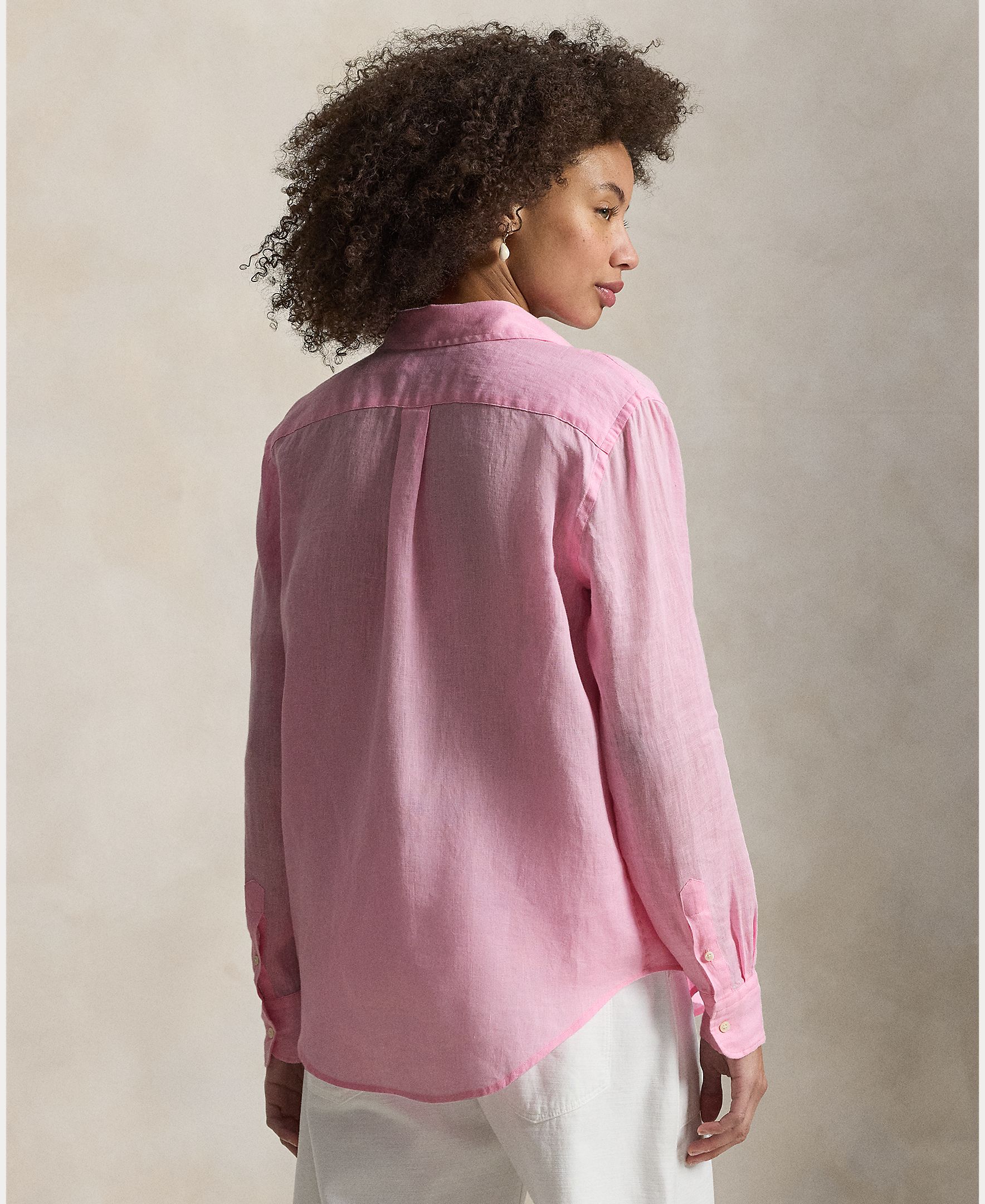 Camisa de linho de mulher com manga comprida Rosa-claro-3