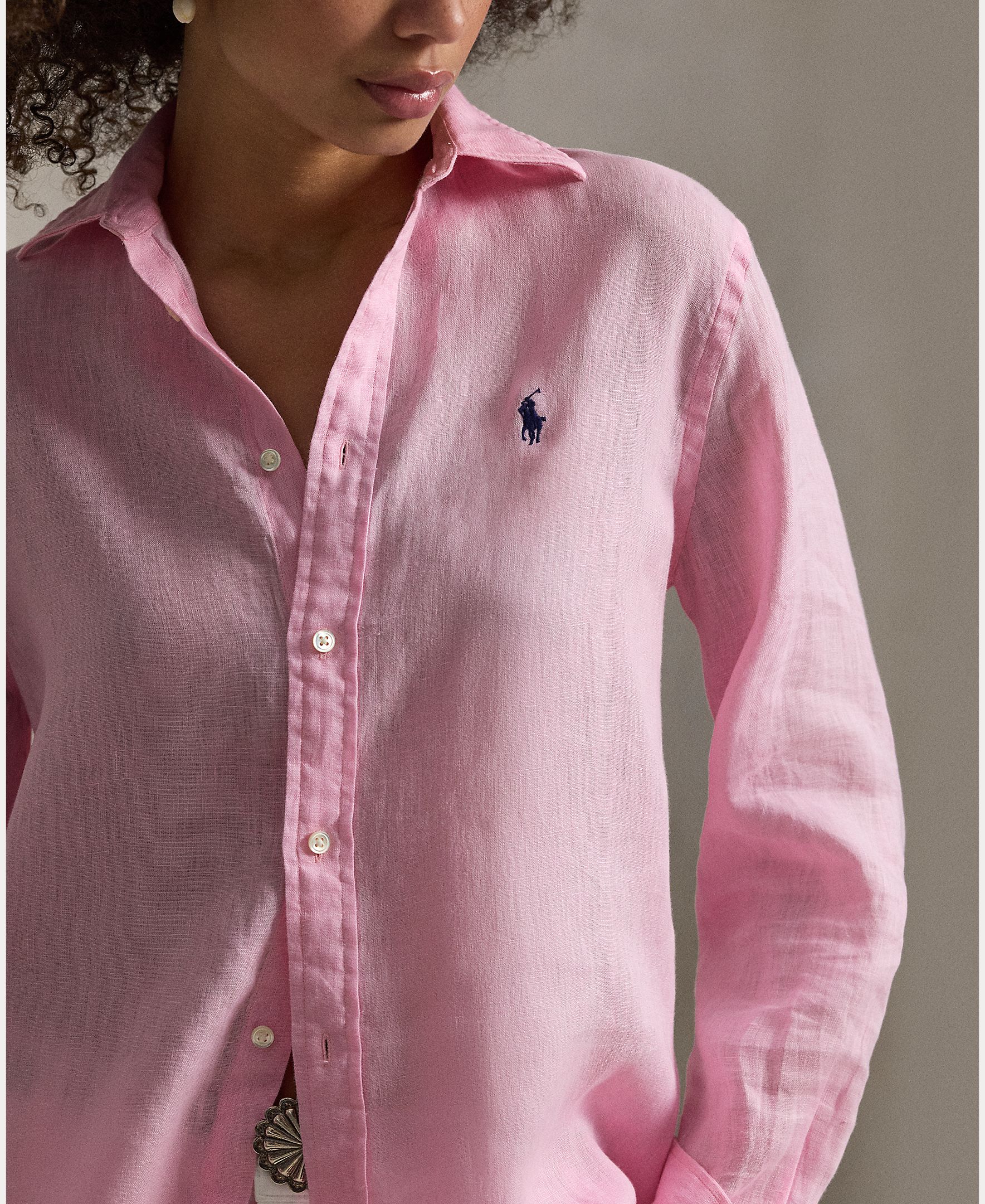 Camisa de linho de mulher com manga comprida Rosa-claro-4