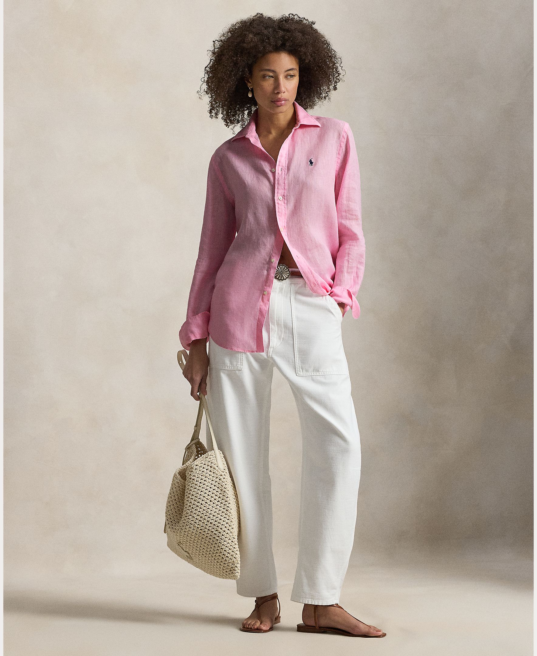 Camisa de linho de mulher com manga comprida Rosa-claro-6