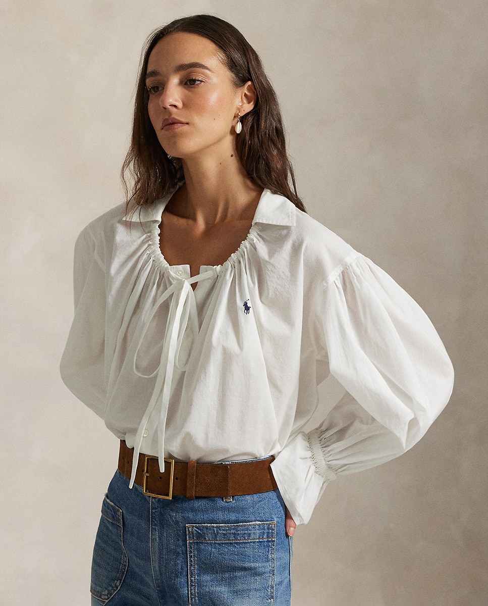 Blusa de Popelina de Algodão com Laço Branco-1