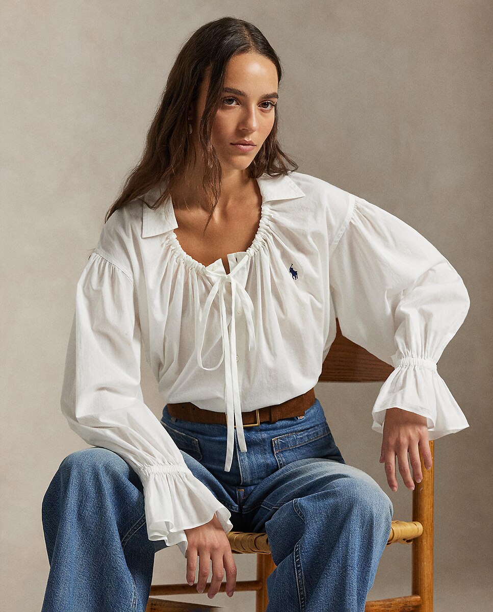 Blusa de Popelina de Algodão com Laço Branco-4