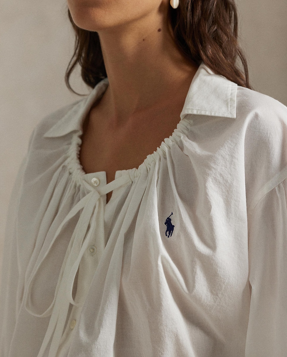 Blusa de Popelina de Algodão com Laço Branco-5