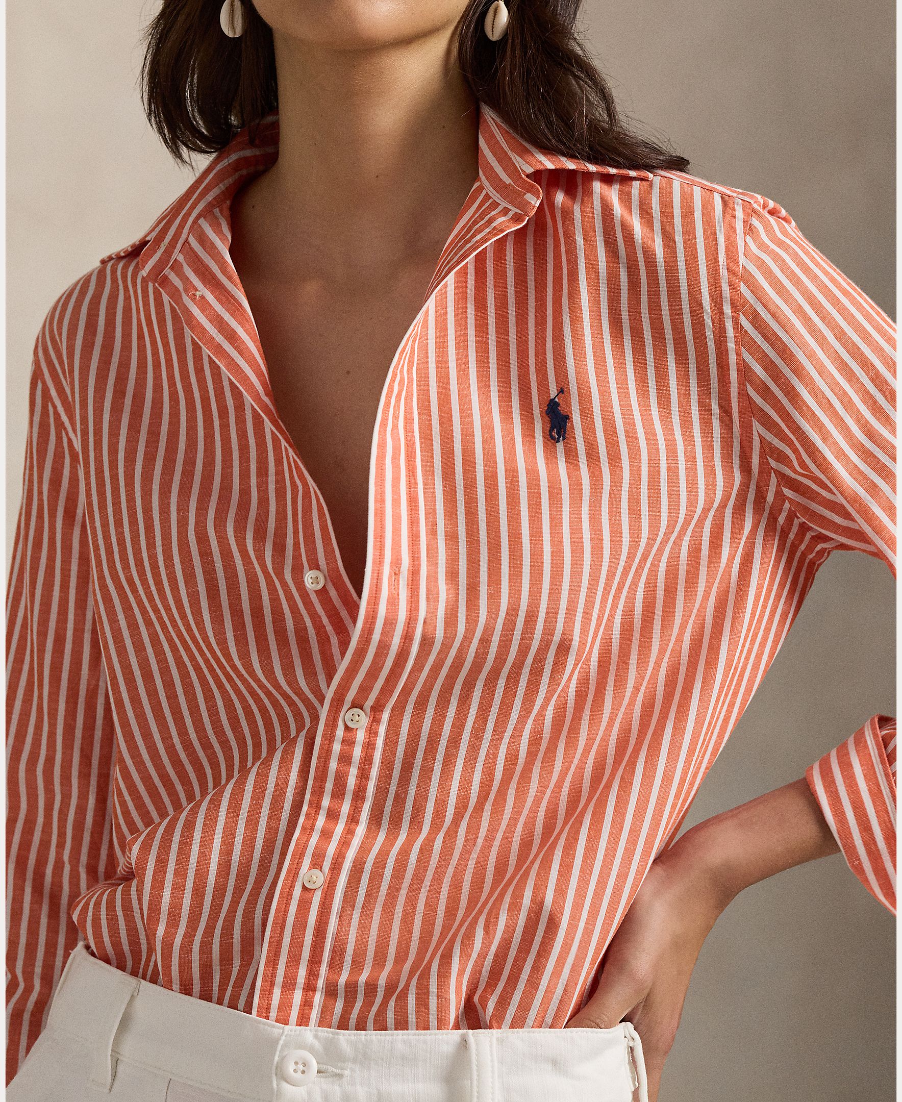 Camisa de Algodão e Linho Classic Fit Pêssego-3