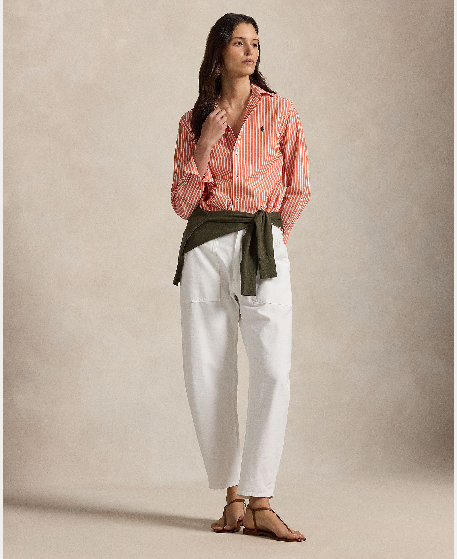 Camisa de Algodão e Linho Classic Fit Pêssego-5
