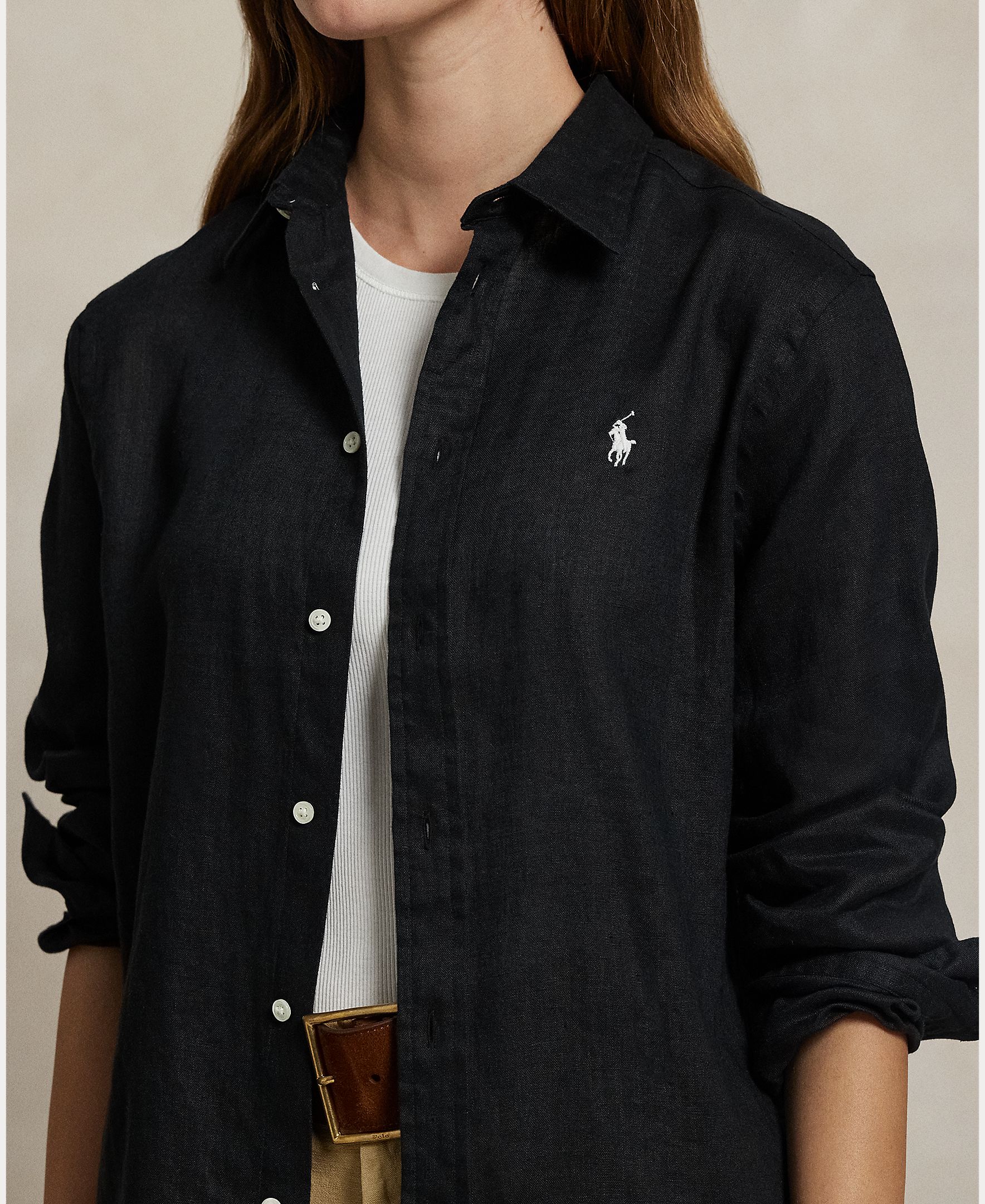 Camisa de linho de mulher com manga comprida Preto-4