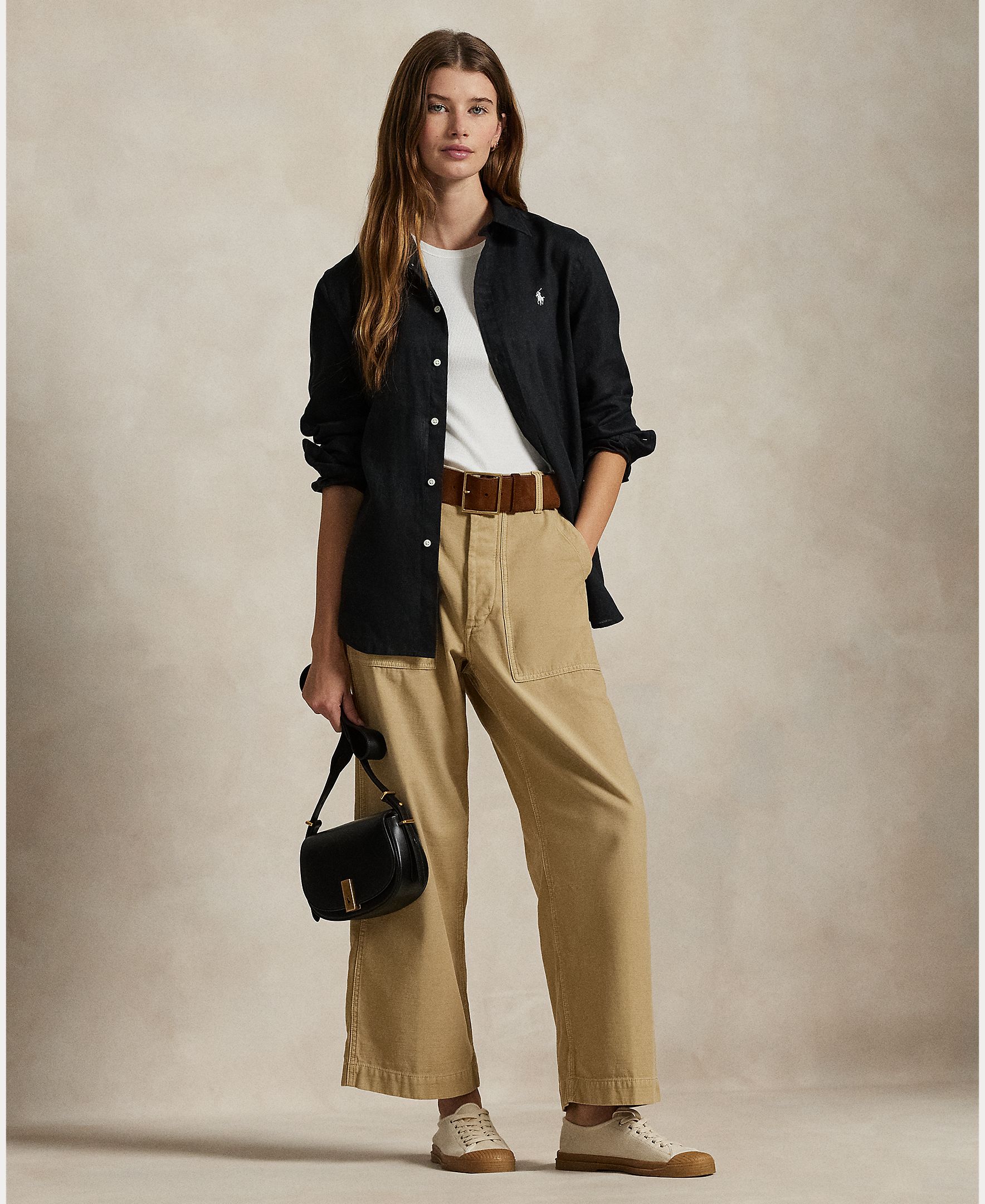 Camisa de linho de mulher com manga comprida Preto-6