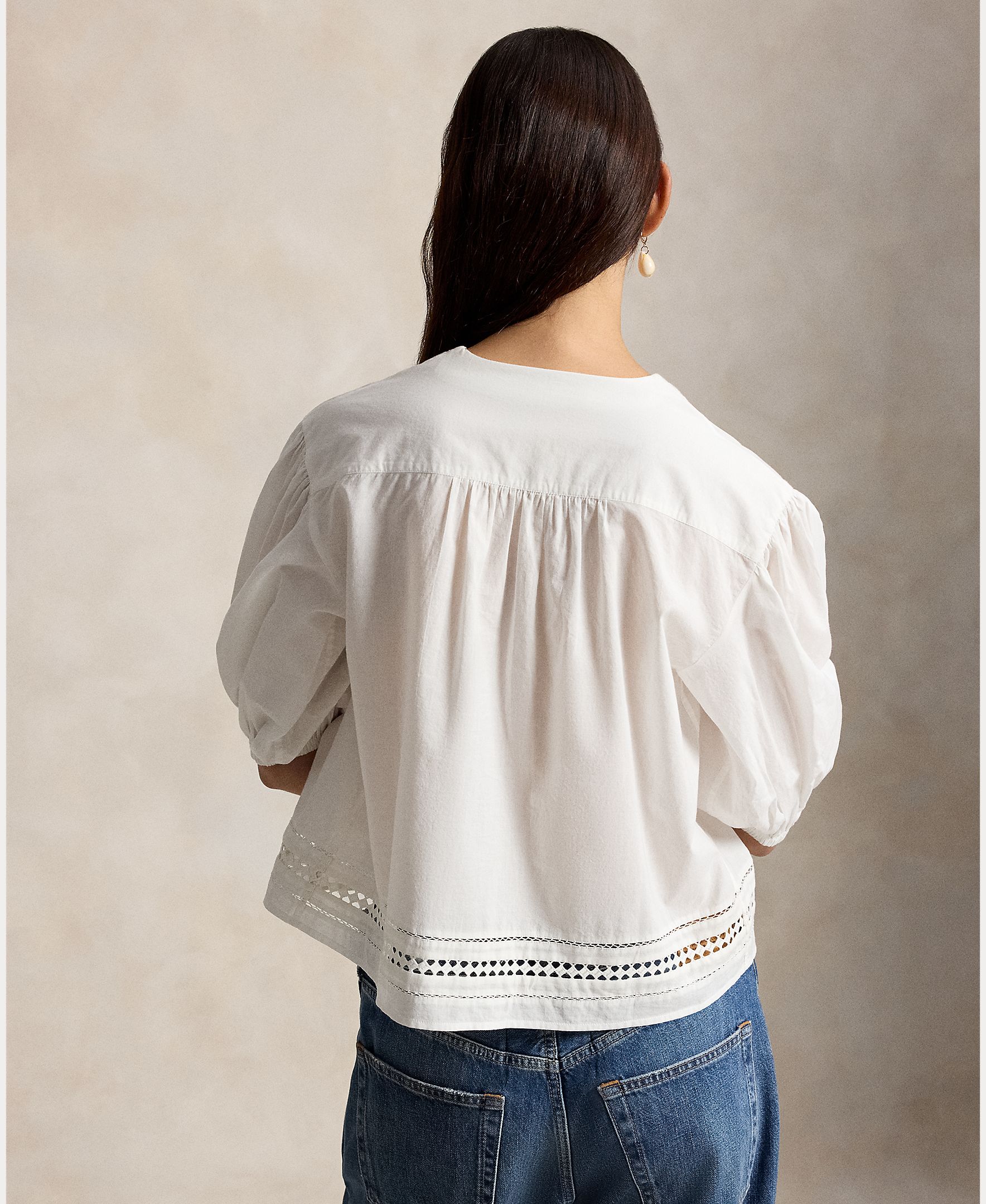 Blusa de Algodão com Mangas em Balão Branco-3