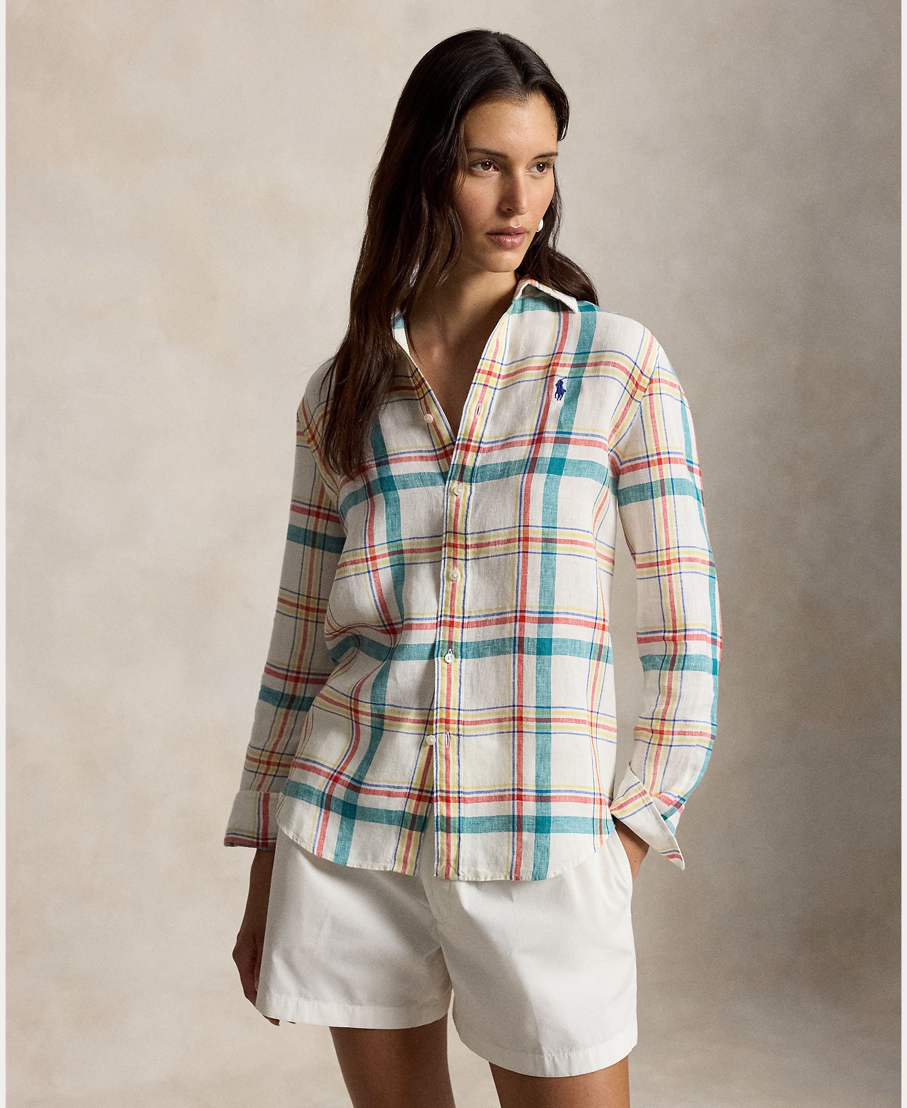 Camisa de linho de mulher com manga comprida Multicolor-5