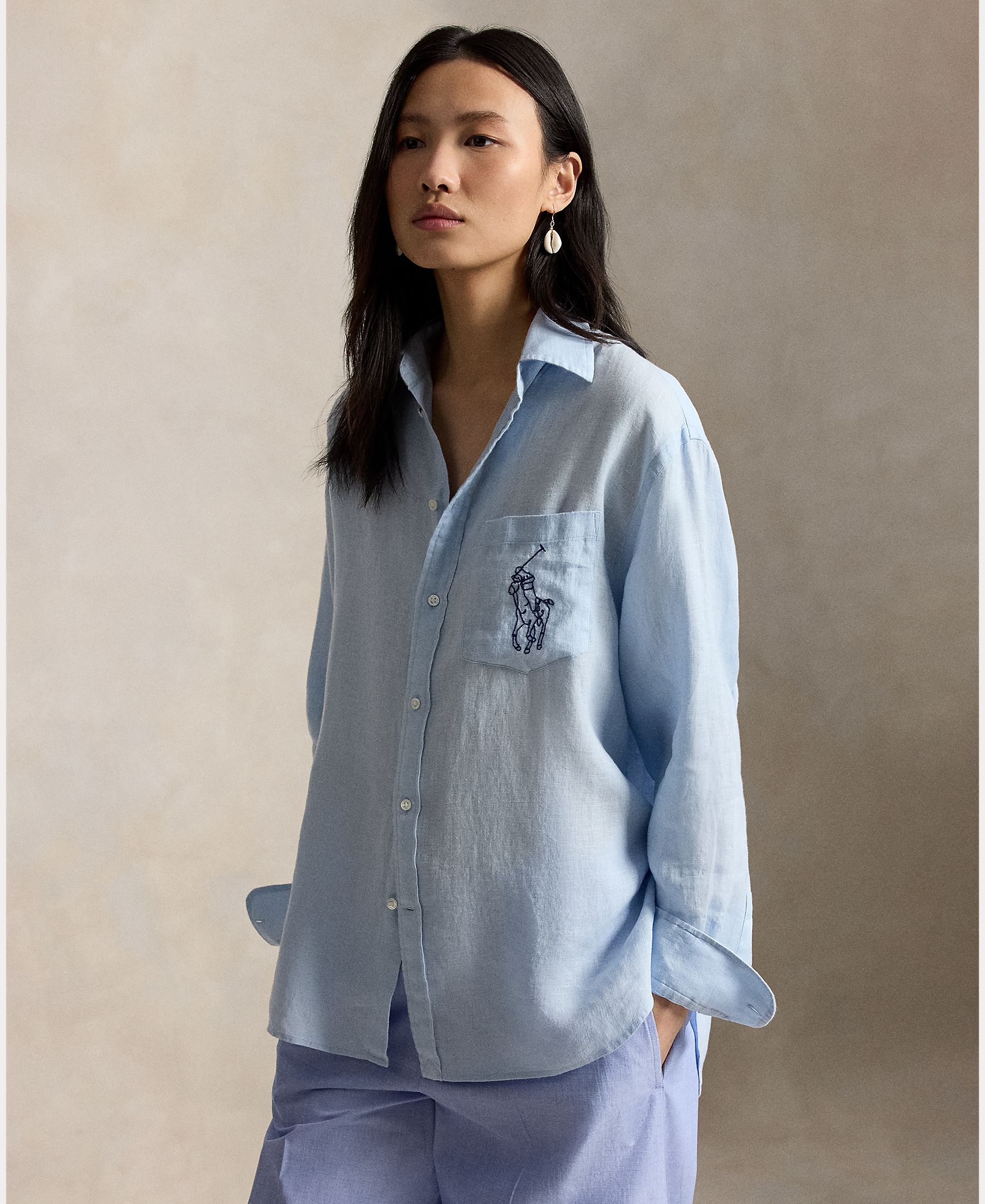 Camisa de Linho com Bolso Azul-claro-4