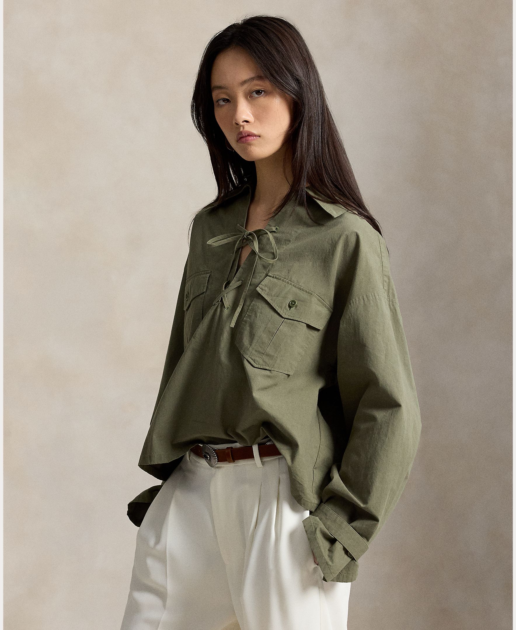 Camisa de Algodão com Bolsos de Remendo Verde-escuro-5