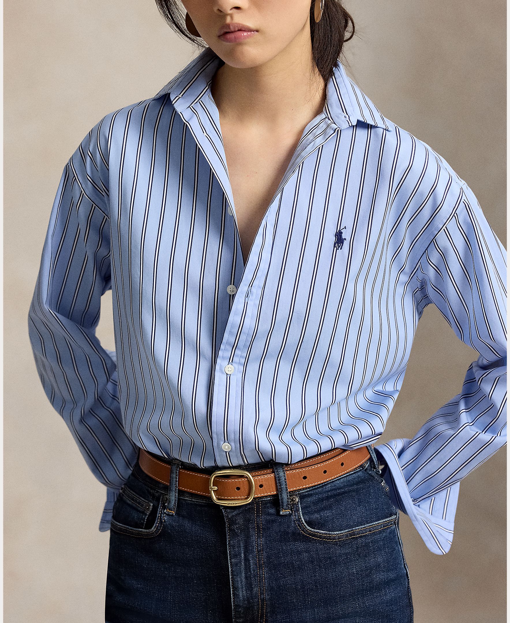 Camisa de mujer de algodón con estampado de rayas - Polo Ralph Lauren - Azul claro Azul claro-4