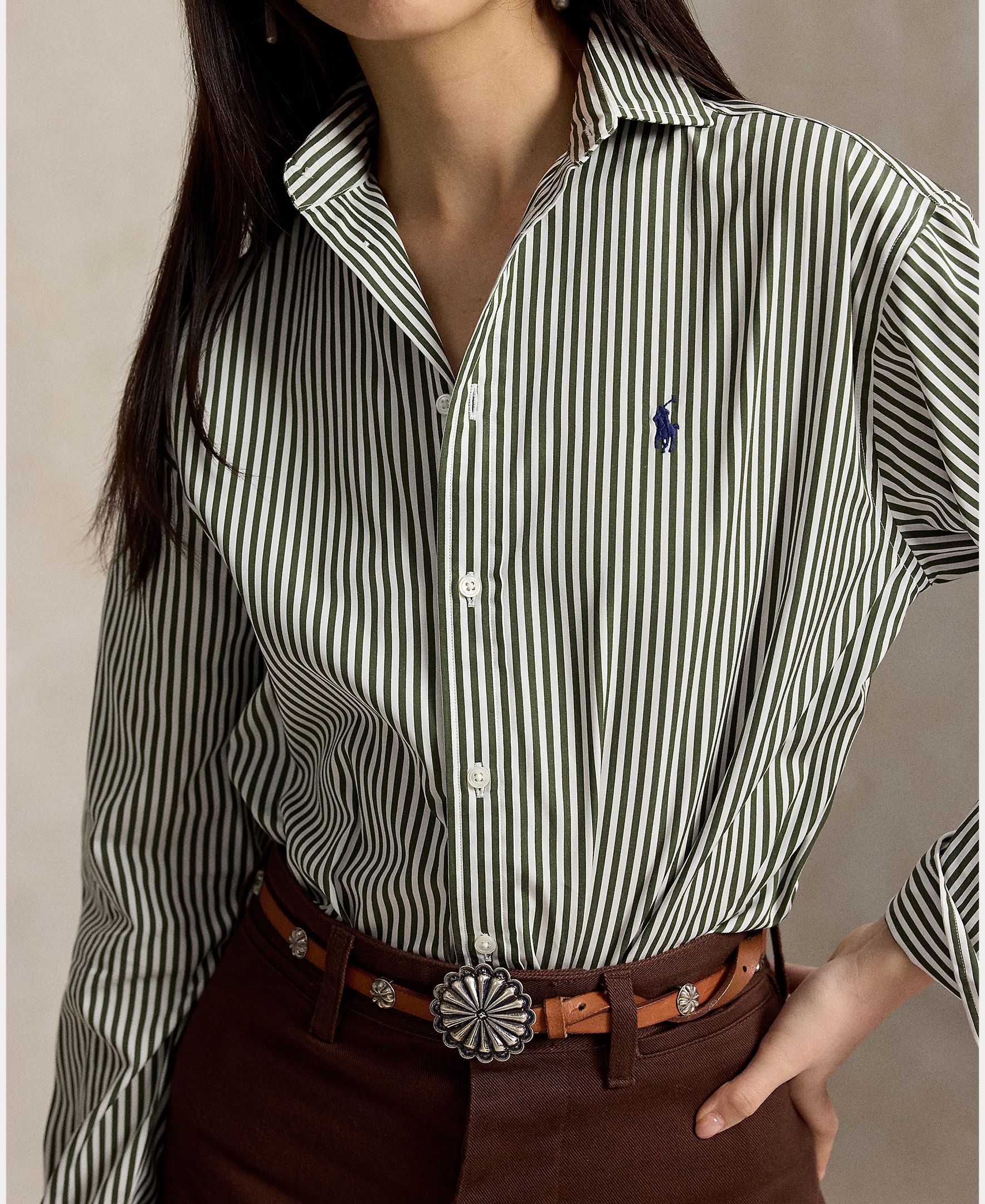 Camisa com Estampado às Riscas e em Algodão Cinzento-4