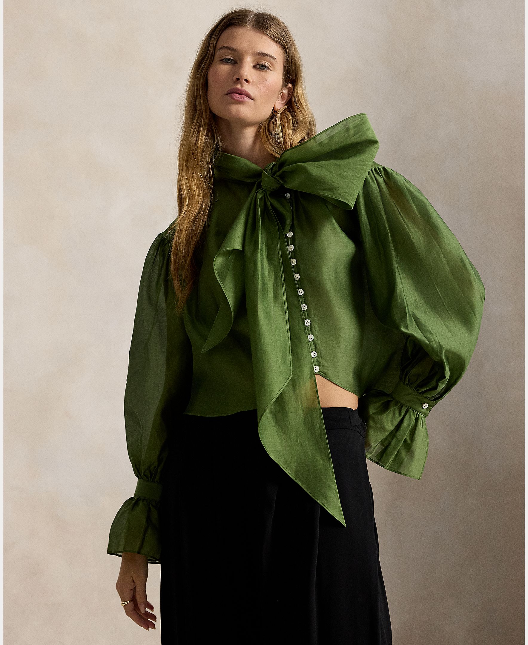Camisa de mujer de algodón y seda con lazo en el cuello - Polo Ralph Lauren - Verde Verde-1