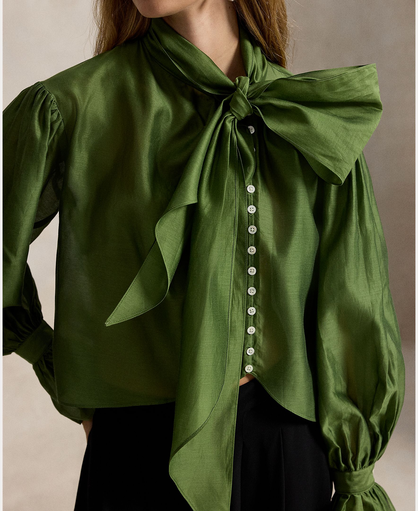 Camisa de mujer de algodón y seda con lazo en el cuello - Polo Ralph Lauren - Verde Verde-3