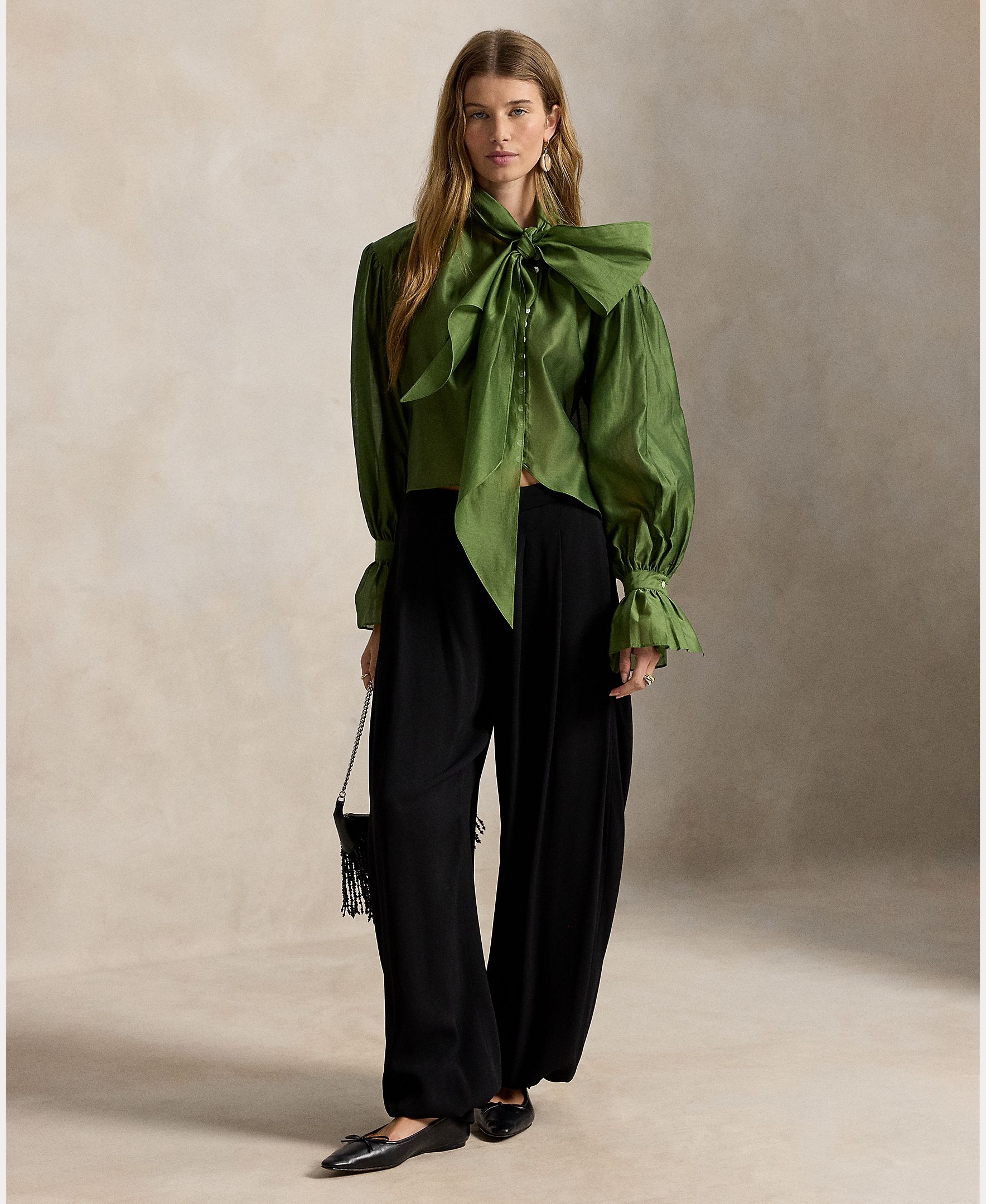 Camisa de mujer de algodón y seda con lazo en el cuello - Polo Ralph Lauren - Verde Verde-5