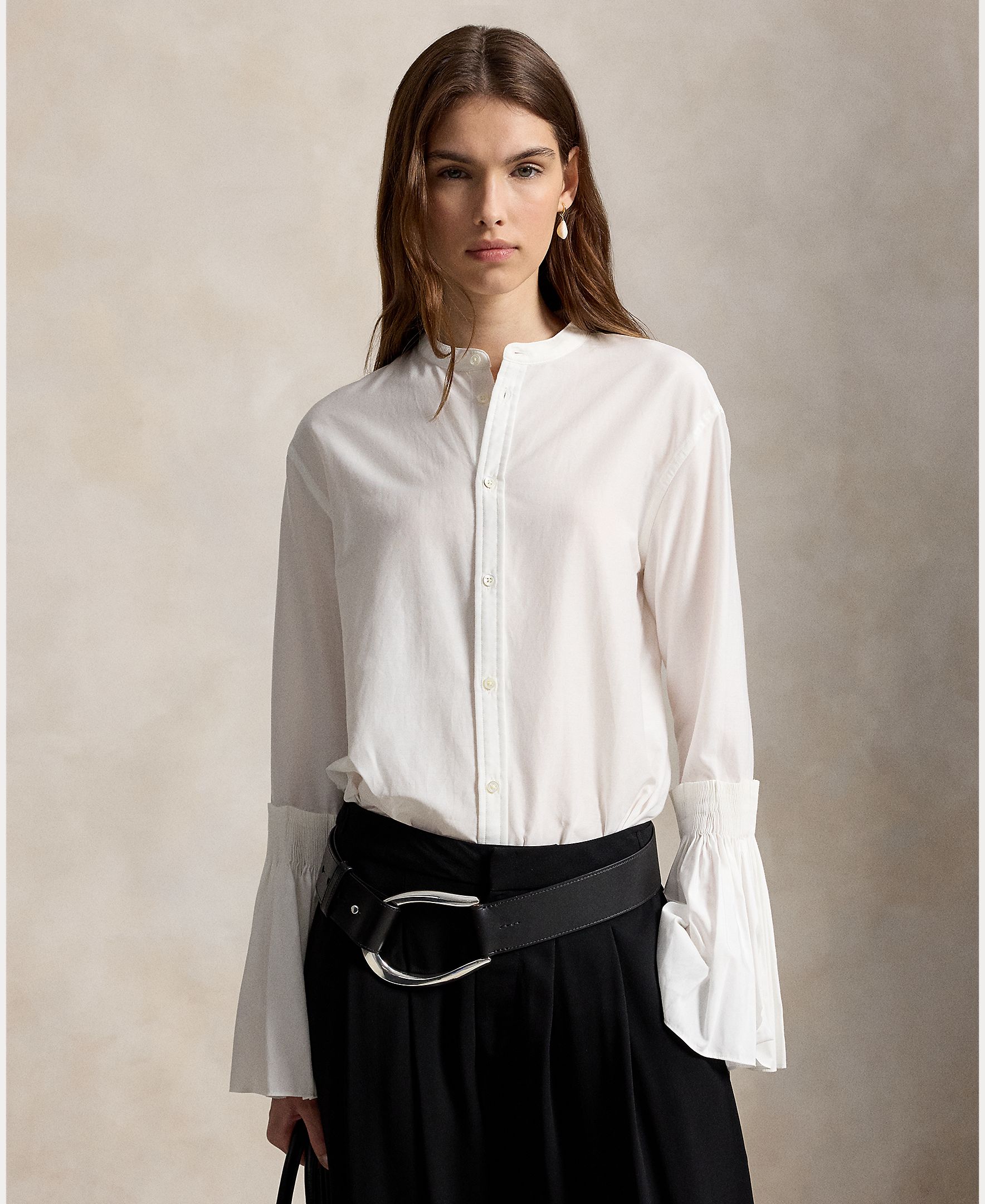 Camisa de mujer de algodón y seda con cuello mao - Polo Ralph Lauren - Blanco Blanco-1