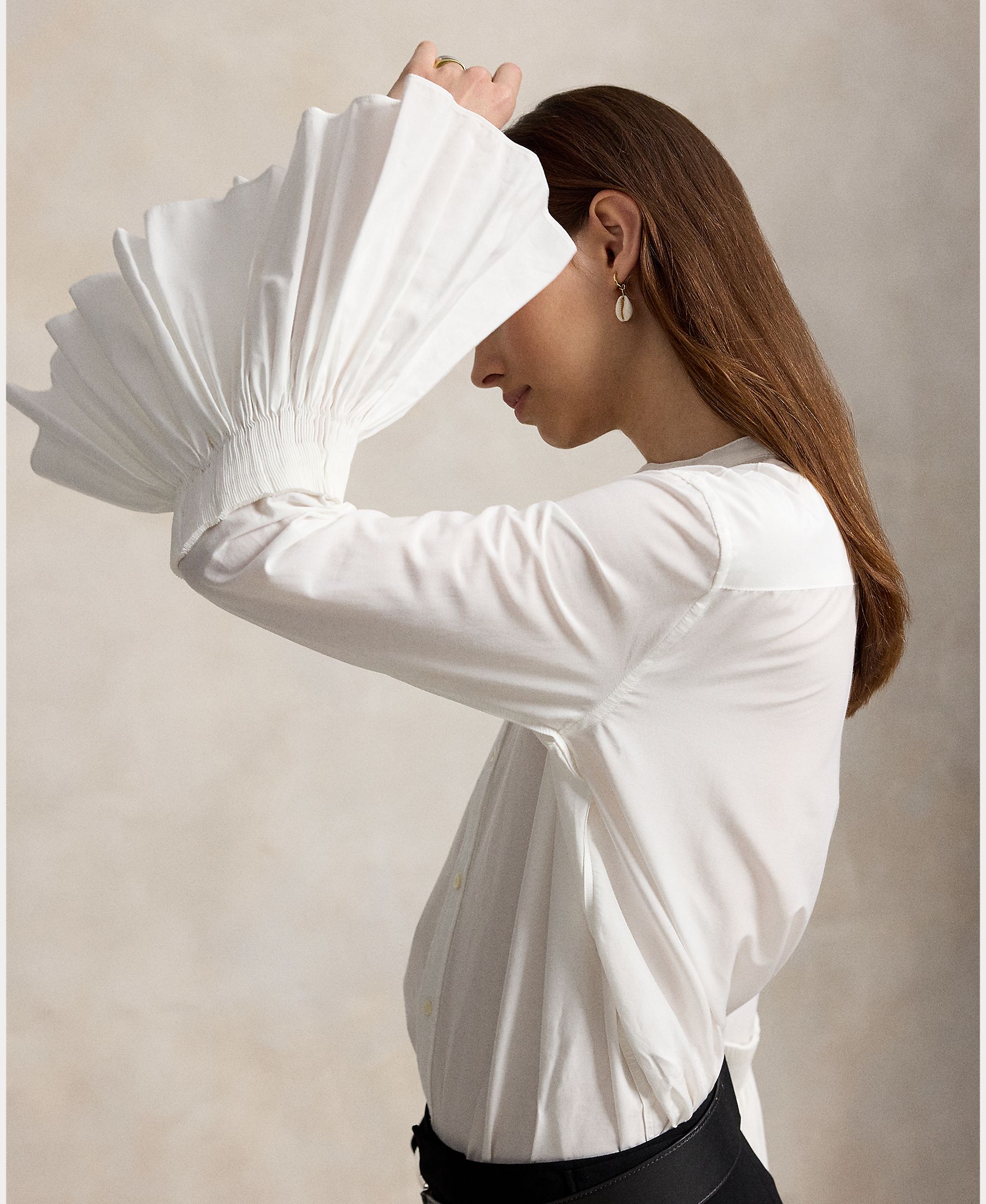 Camisa de mujer de algodón y seda con cuello mao - Polo Ralph Lauren - Blanco Blanco-4