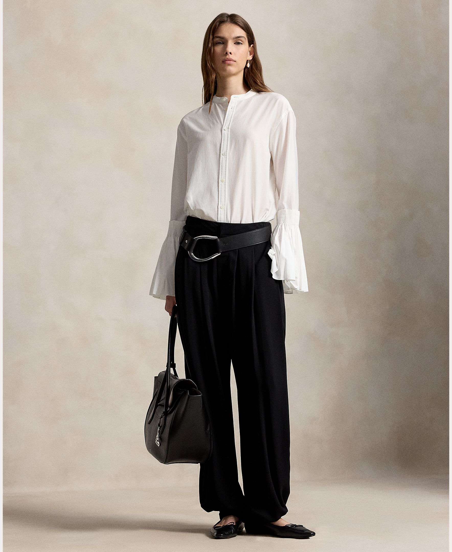 Camisa de mujer de algodón y seda con cuello mao - Polo Ralph Lauren - Blanco Blanco-7