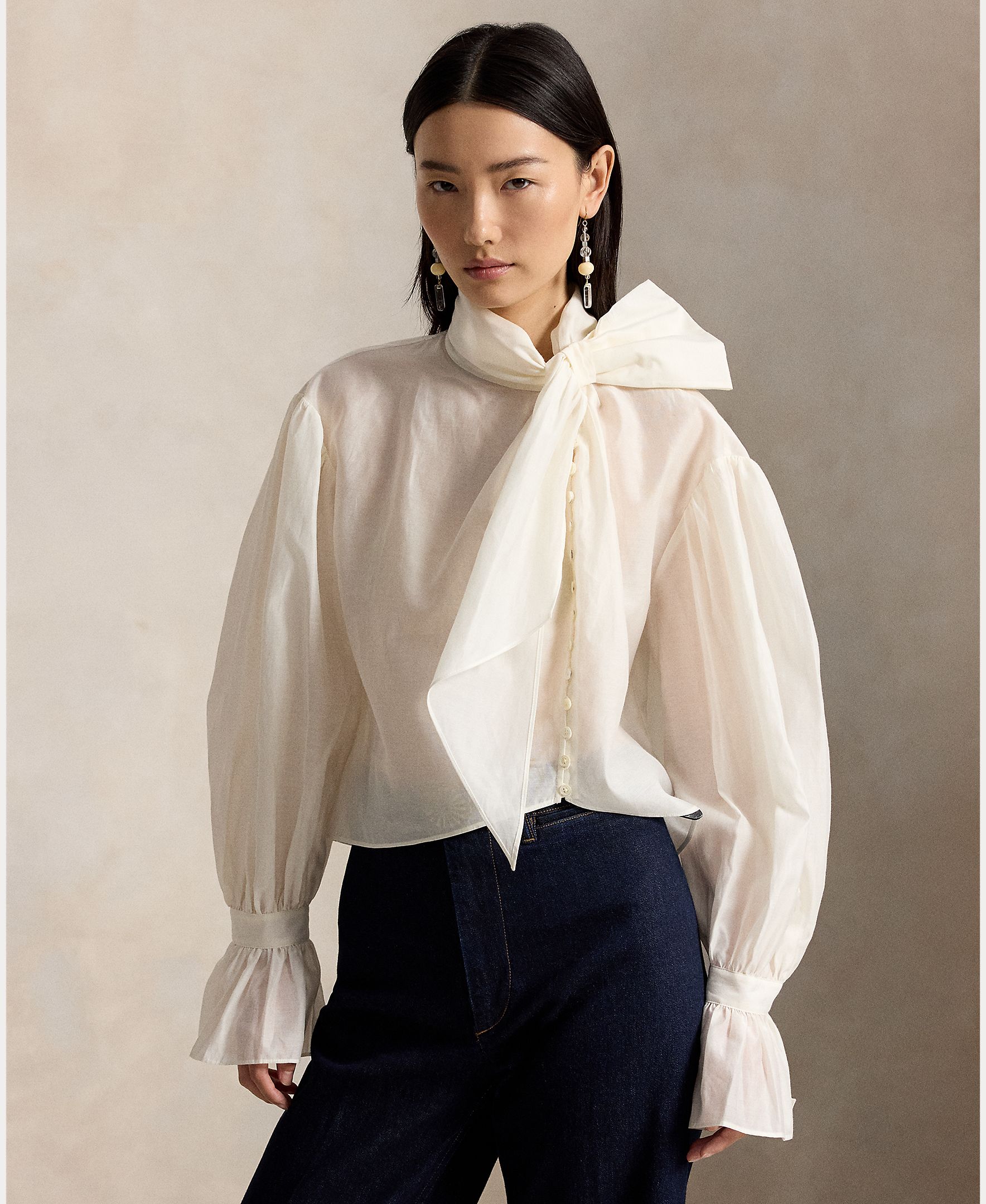 Camisa de mujer de algodón y seda con lazo en el cuello - Polo Ralph Lauren - Blanco Blanco-1