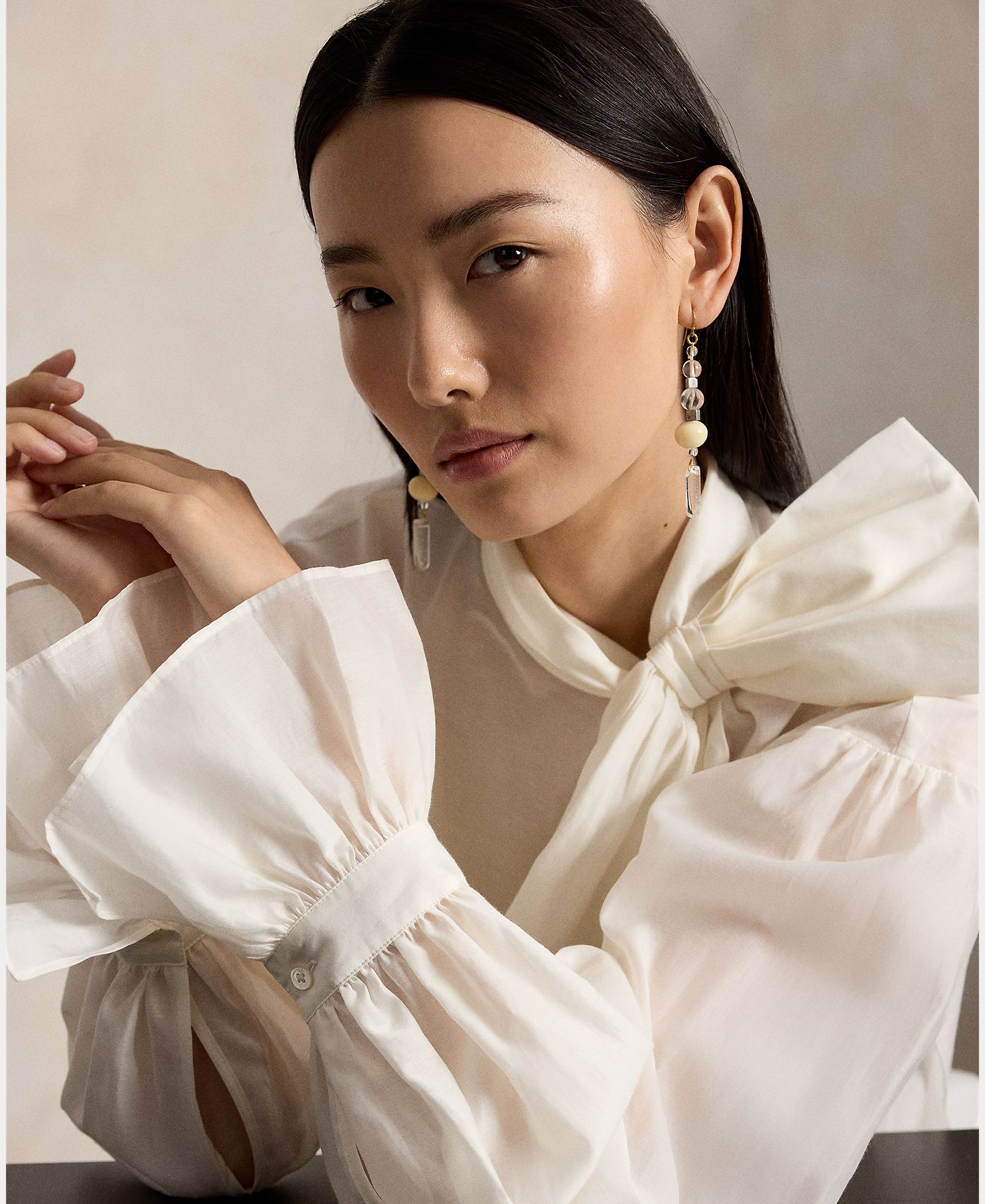 Camisa de mujer de algodón y seda con lazo en el cuello - Polo Ralph Lauren - Blanco Blanco-4
