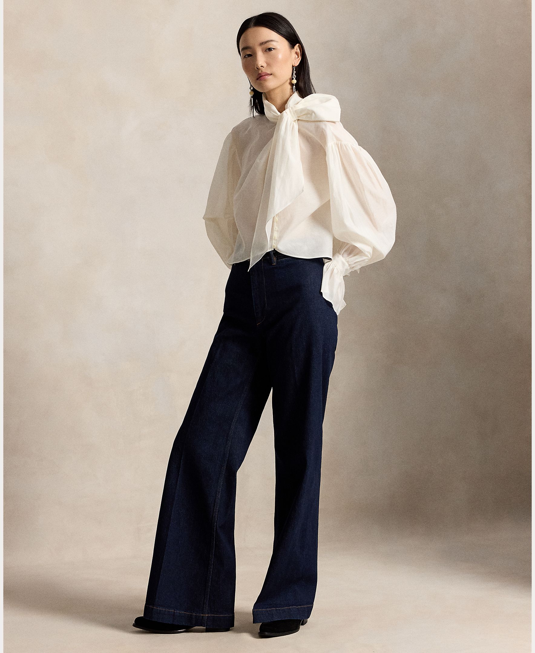 Camisa de mujer de algodón y seda con lazo en el cuello - Polo Ralph Lauren - Blanco Blanco-6