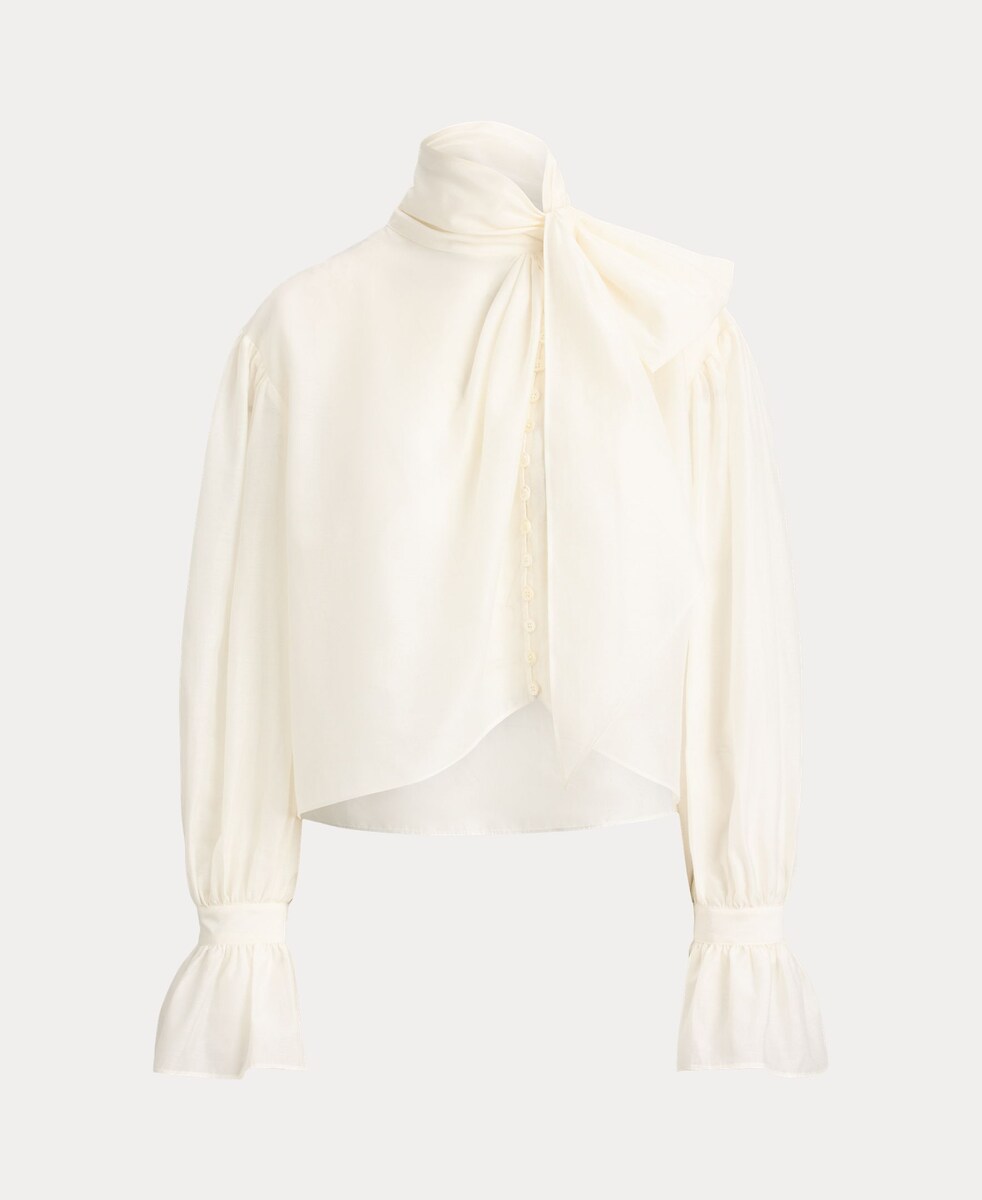 Imagen 1 de Camisa de mujer de algodón y seda con lazo en el cuello Blanco
