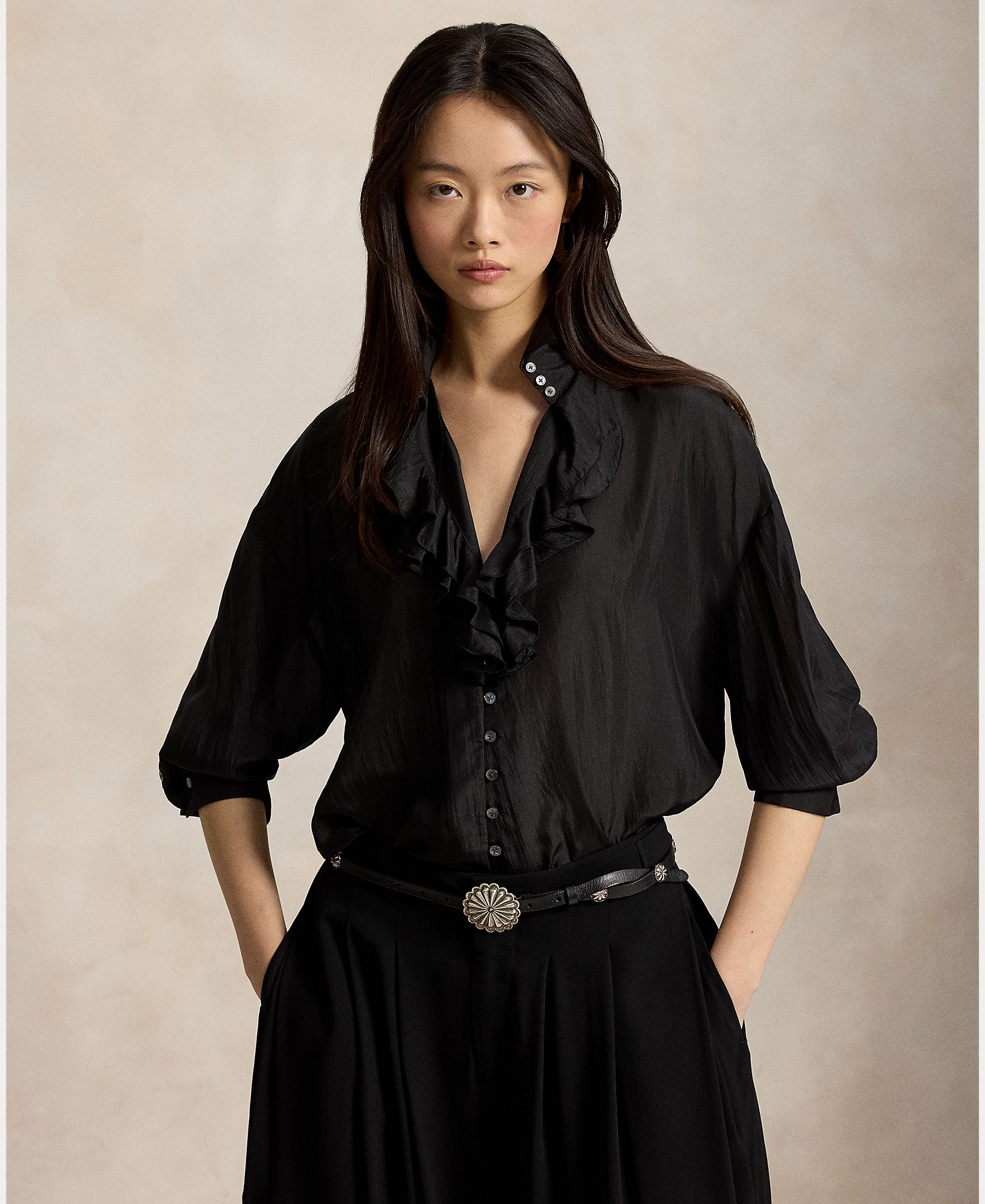 Camisa de mujer de seda con volantes - Polo Ralph Lauren - Negro Negro-1