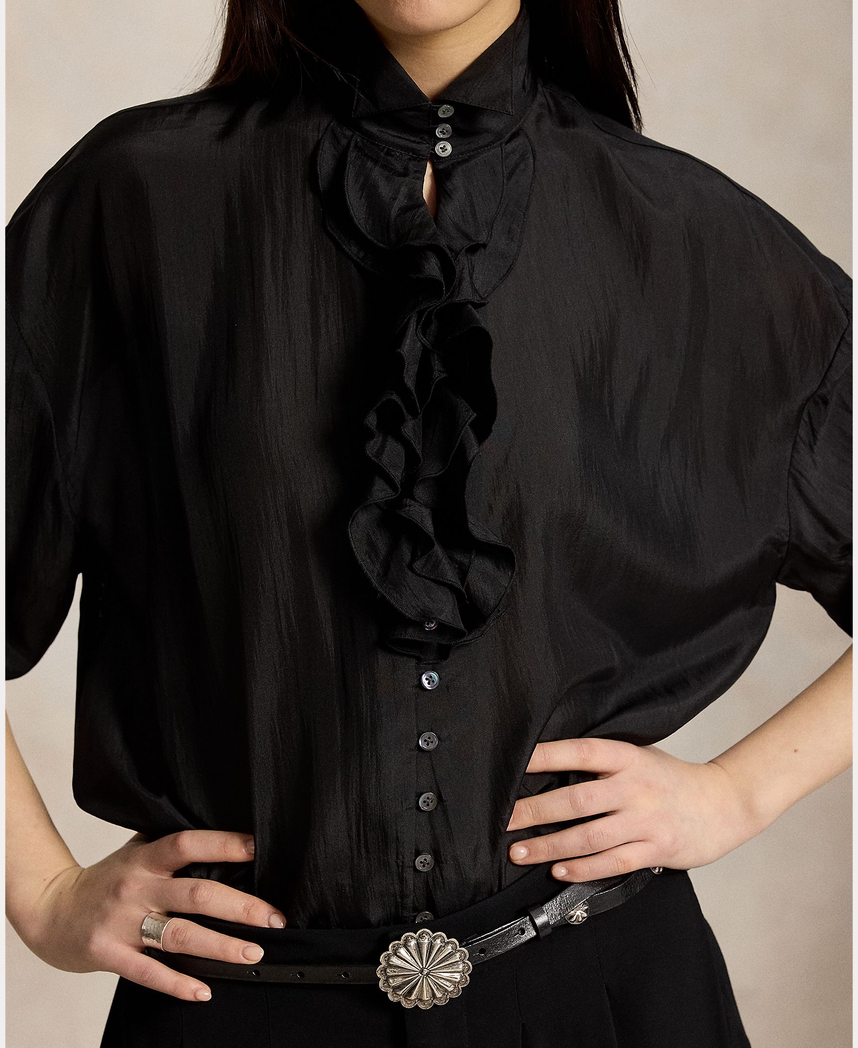 Camisa de mujer de seda con volantes - Polo Ralph Lauren - Negro Negro-4