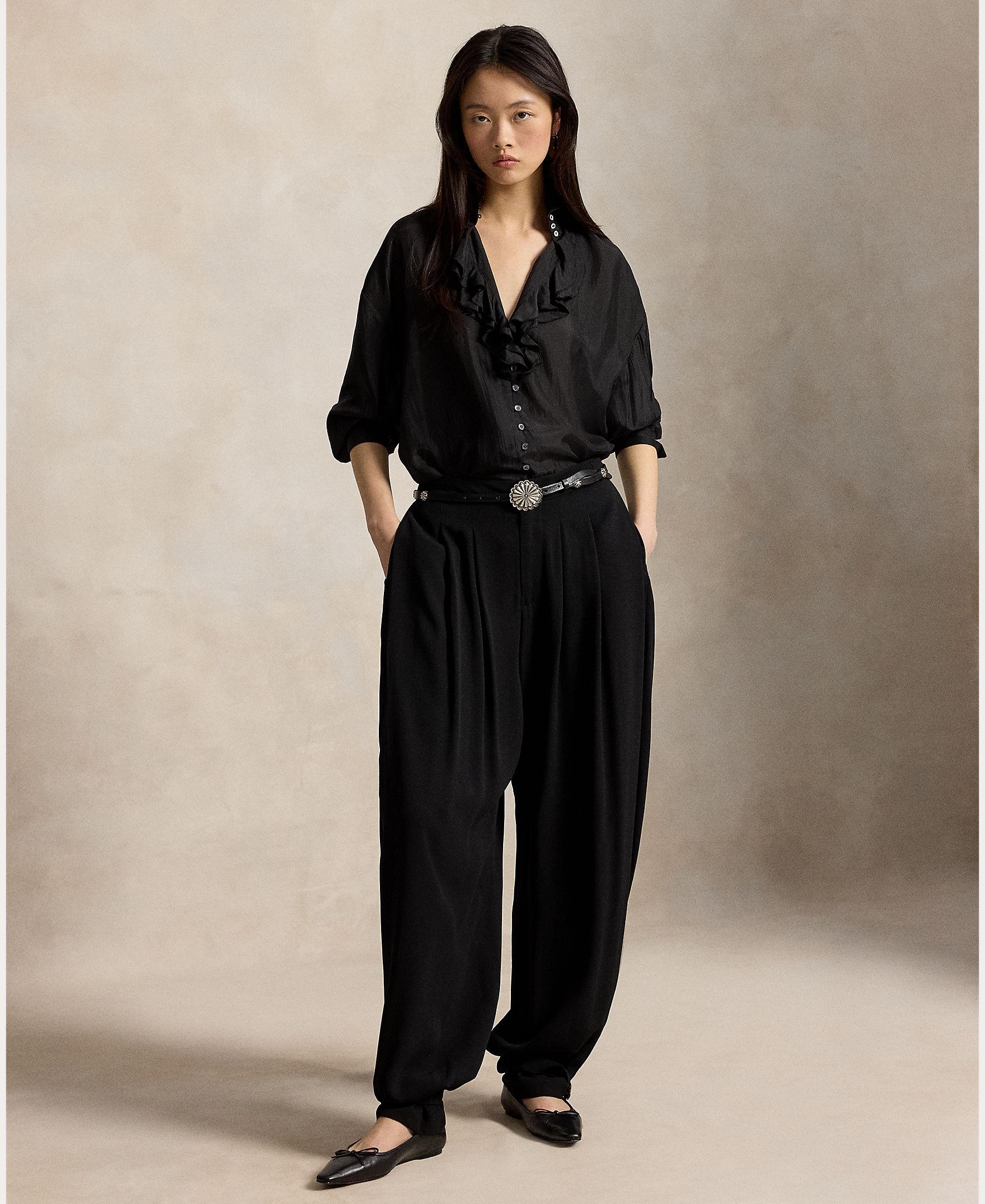 Camisa de mujer de seda con volantes - Polo Ralph Lauren - Negro Negro-6