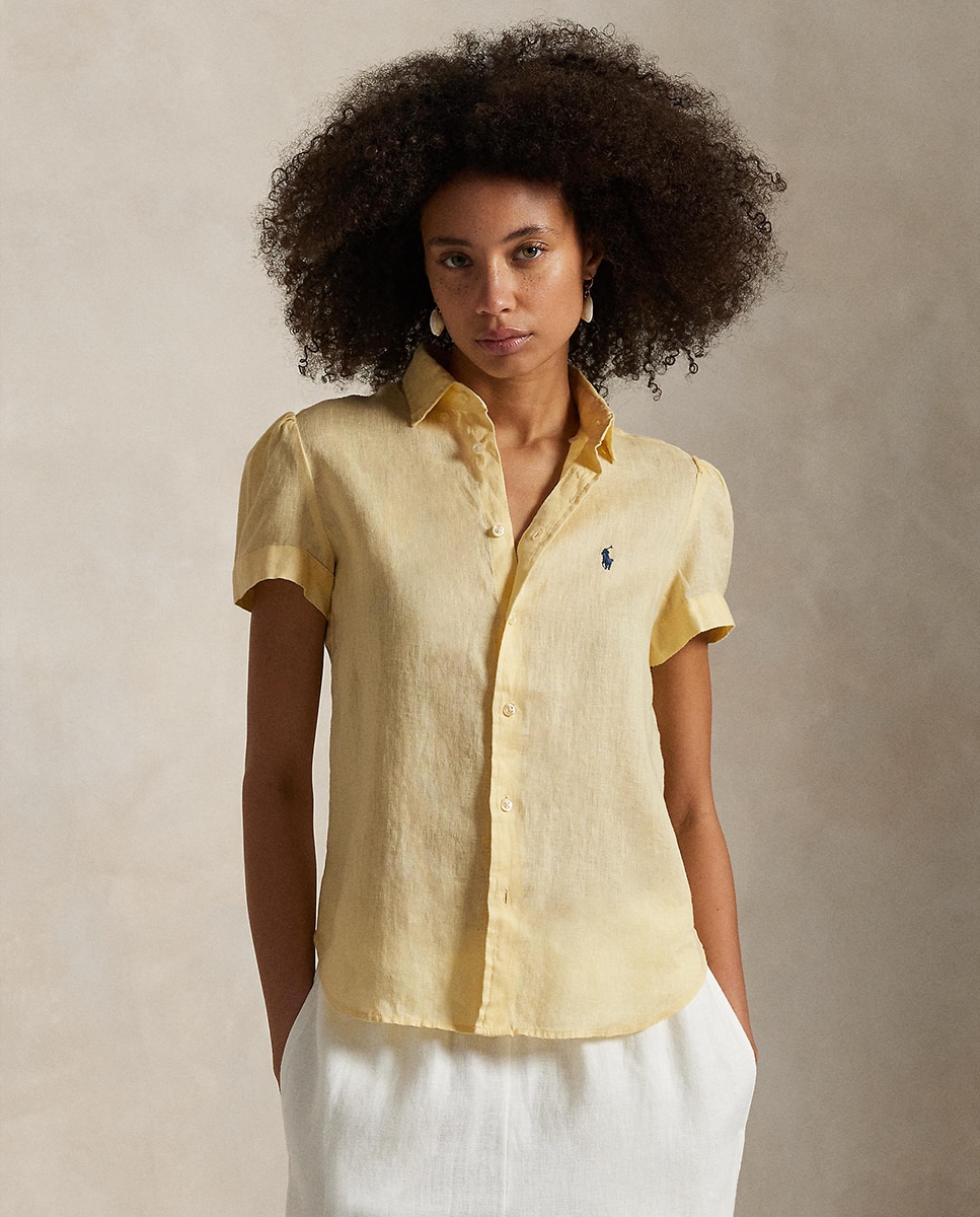 Camisa de Linho com Manga Curta Amarelo-1