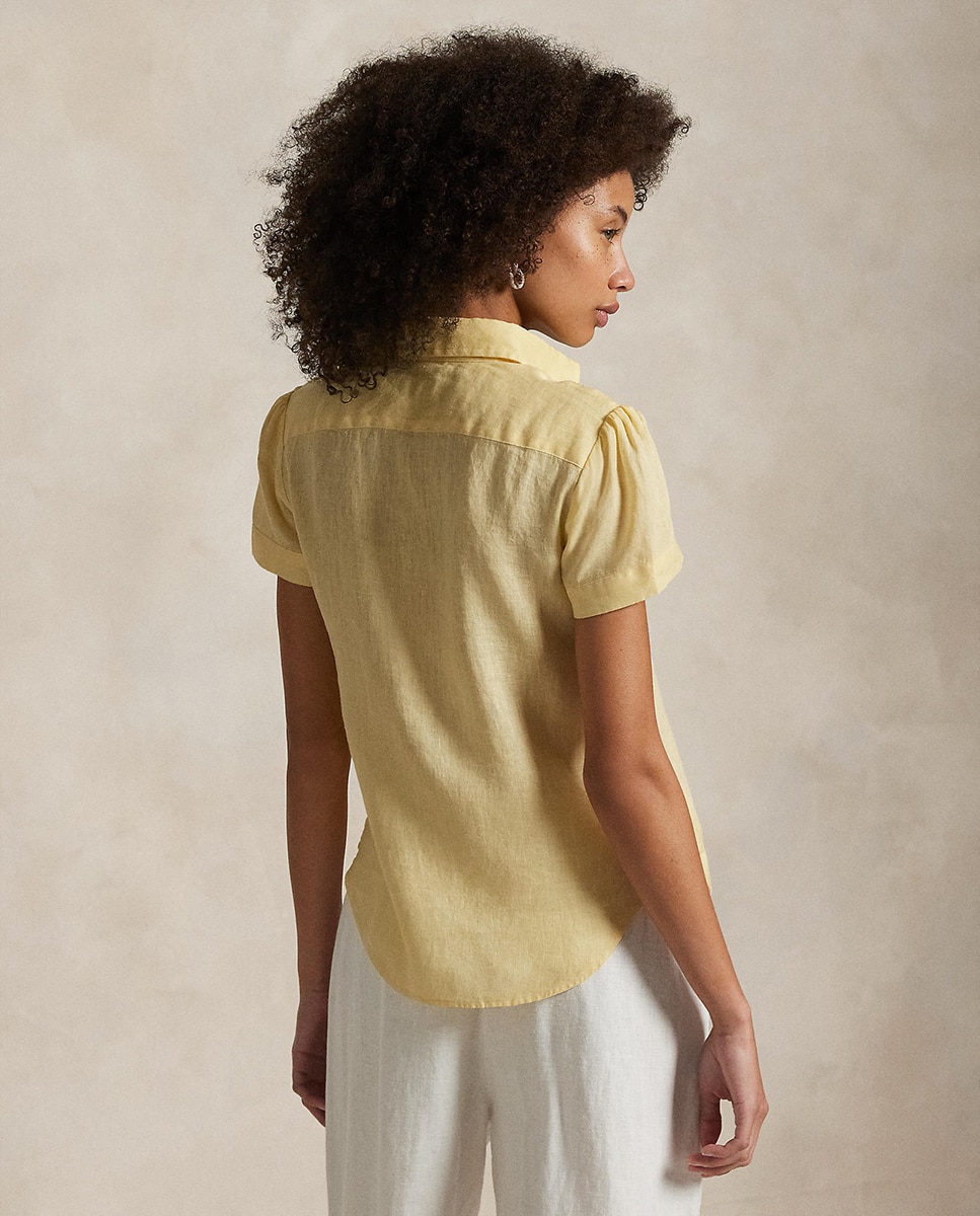 Camisa de Linho com Manga Curta Amarelo-3