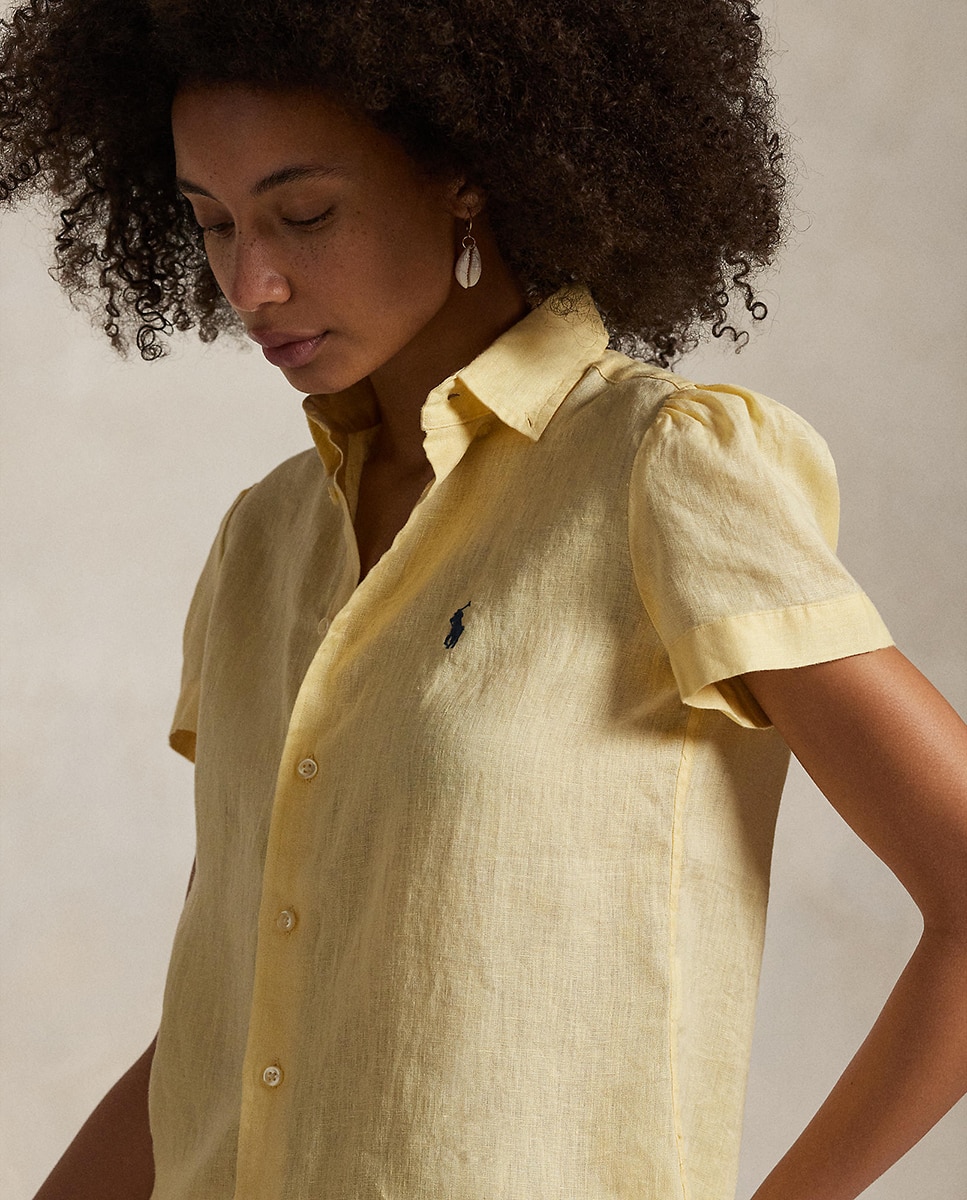 Camisa de Linho com Manga Curta Amarelo-4