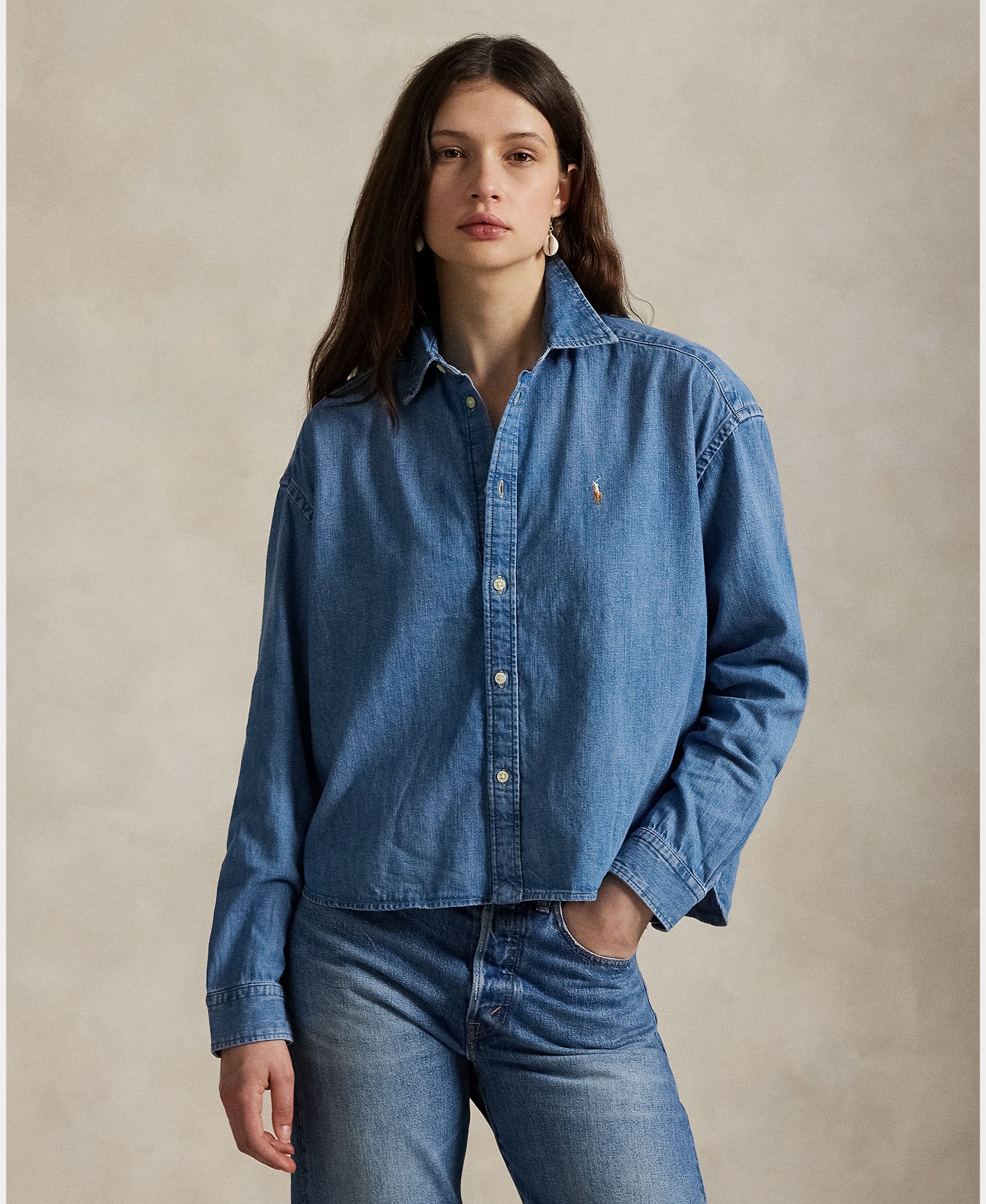 Polo Ralph Lauren - Camisa de mujer denim con caballo bordado.