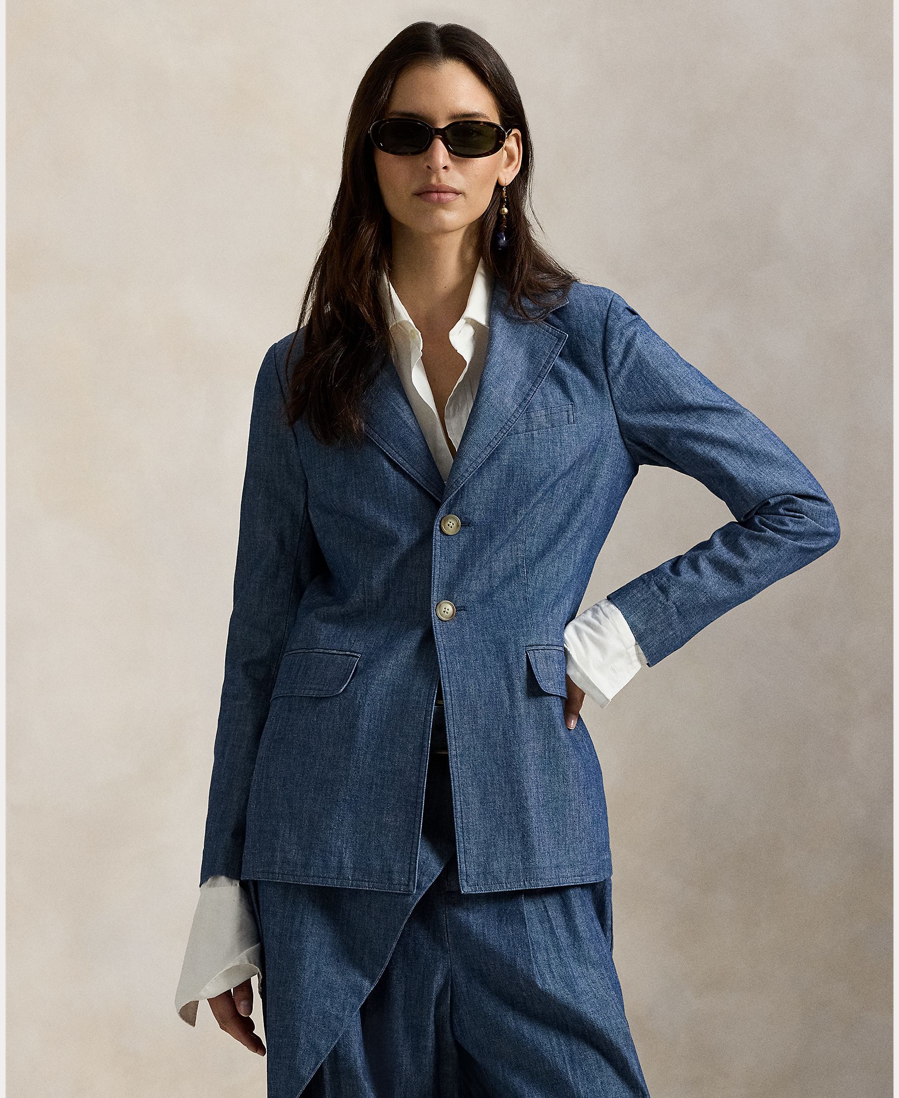 Blazer de Chambray com Abotoadura Simples Azul-índigo-1