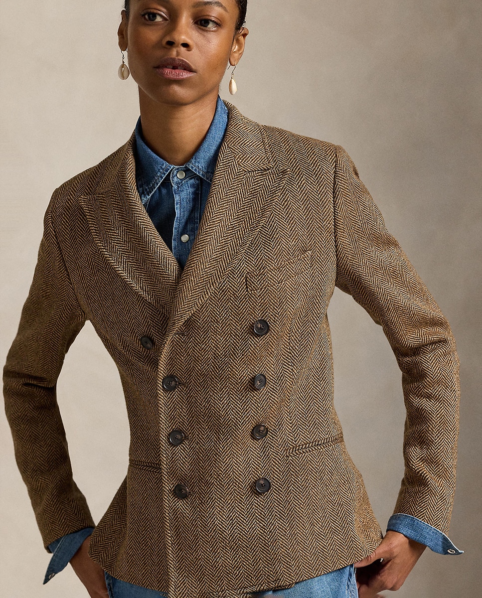 Blazer de Padrão Espinha de Peixe com Abotoadura Dupla Castanho-3