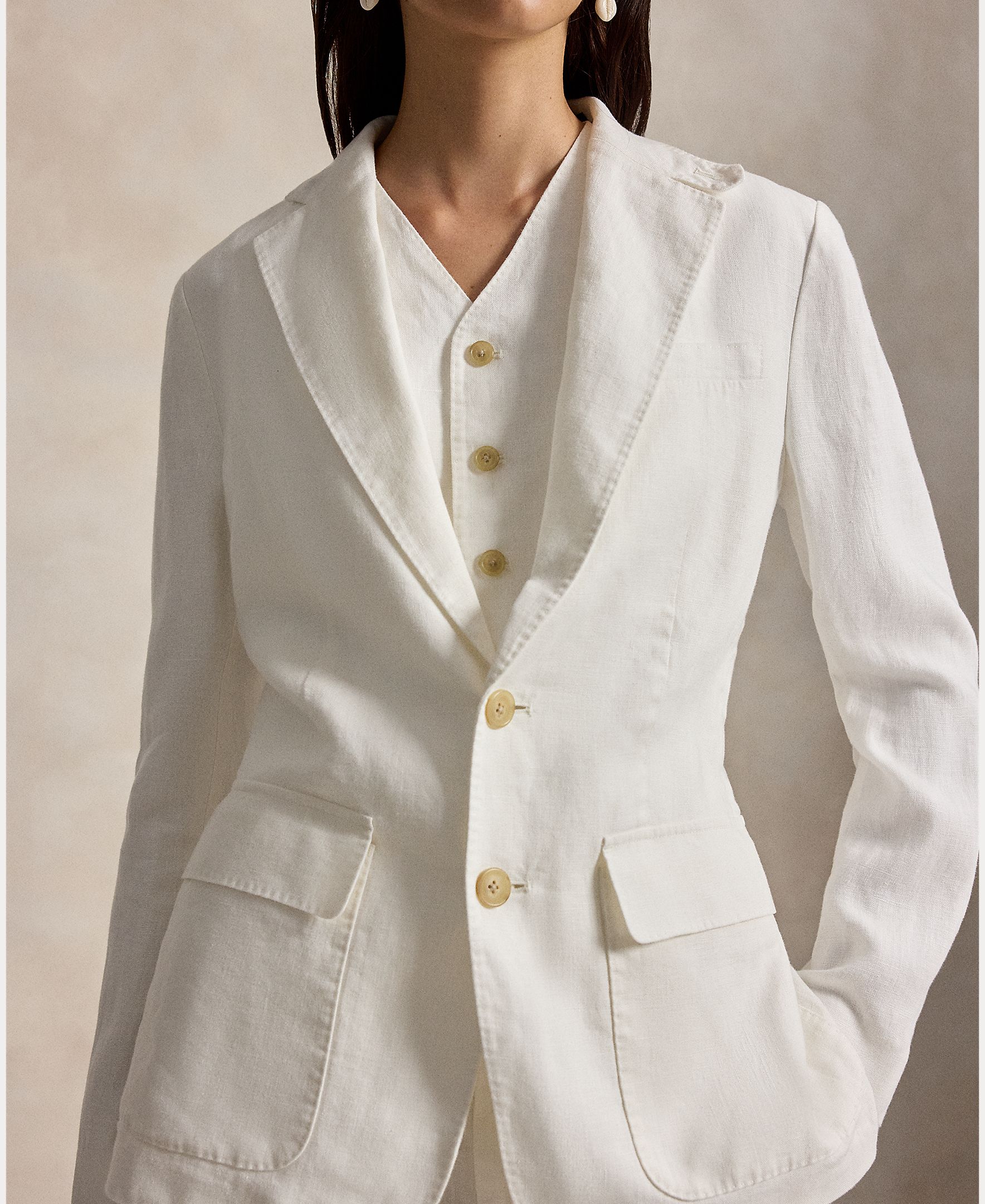Blazer com Bolsos e em Linho Branco-marfim-5