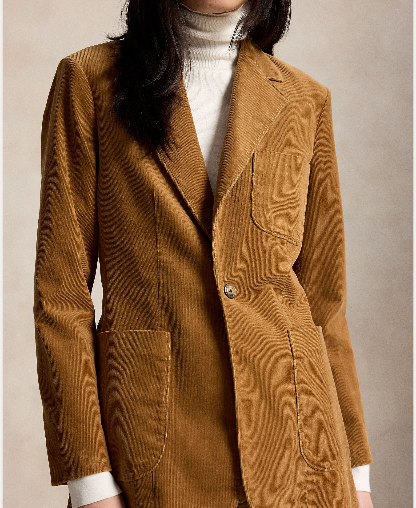 Blazer de Bombazina com Abotoadura Simples Castanho-claro-4