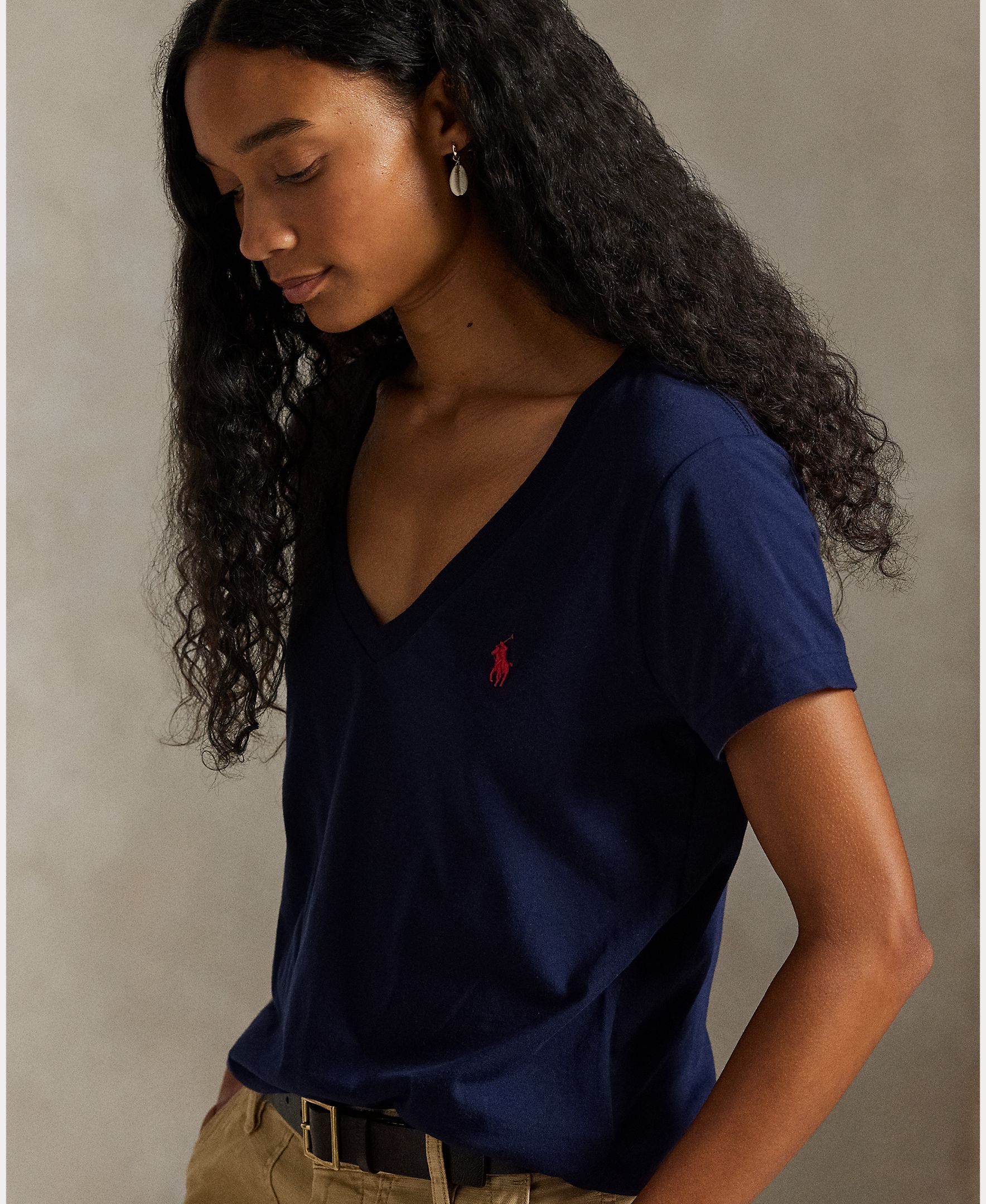 Camisola de Algodão com Decote em Bico Azul-marinho-4