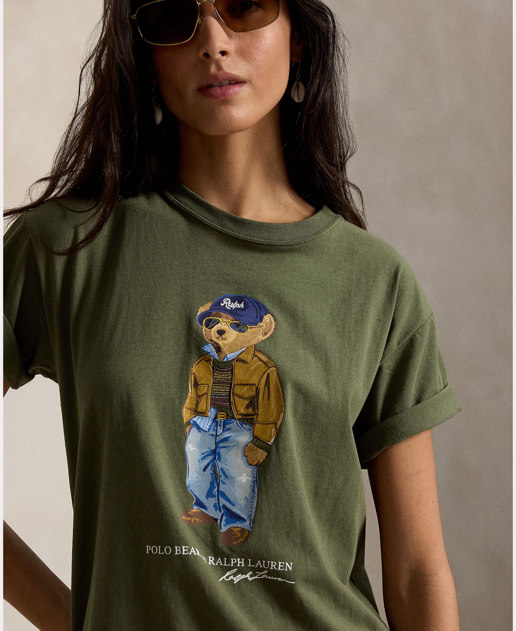 T-shirt de algodão com Polo Bear Verde-militar-4