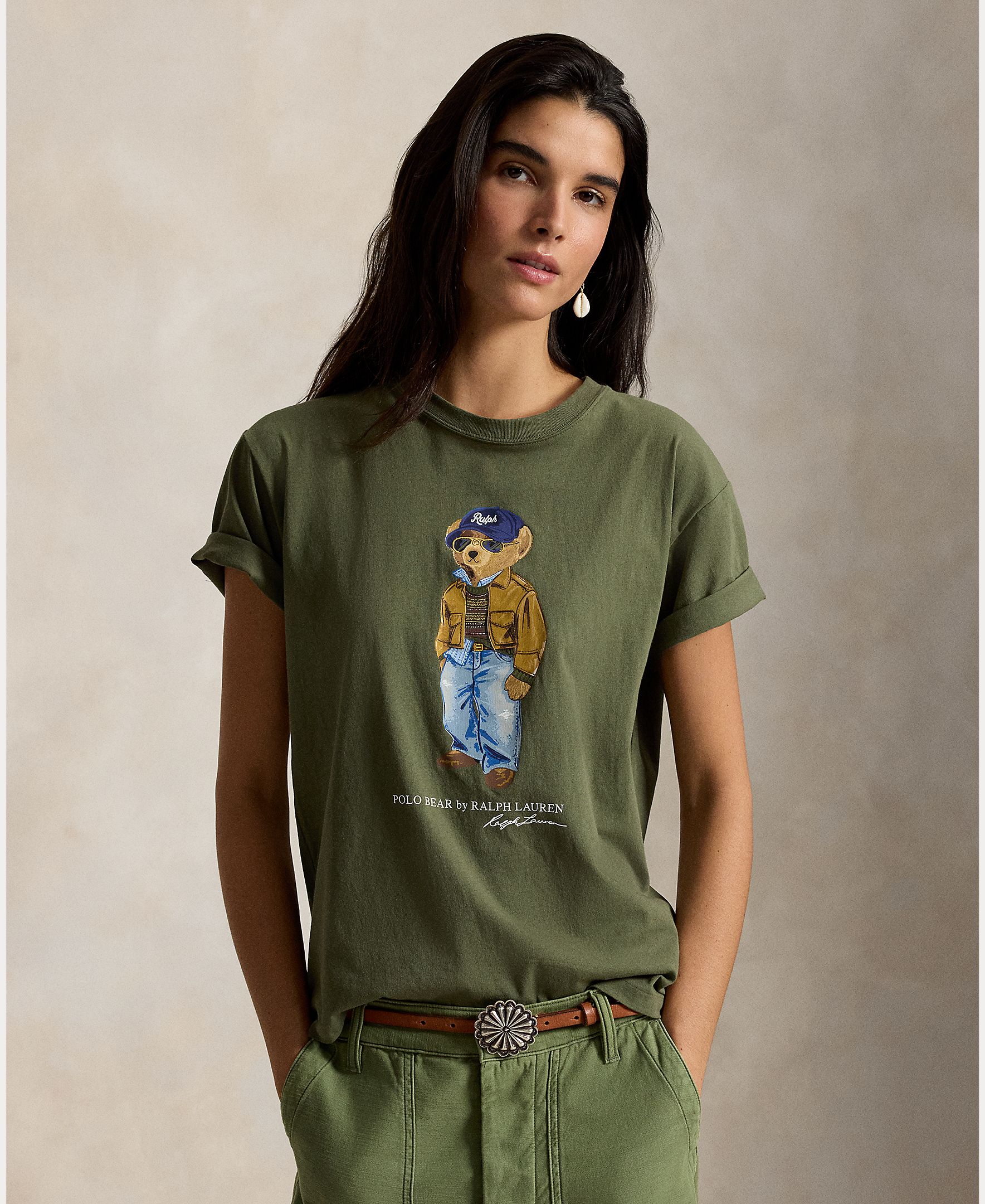 T-shirt de algodão com Polo Bear Verde-militar-5